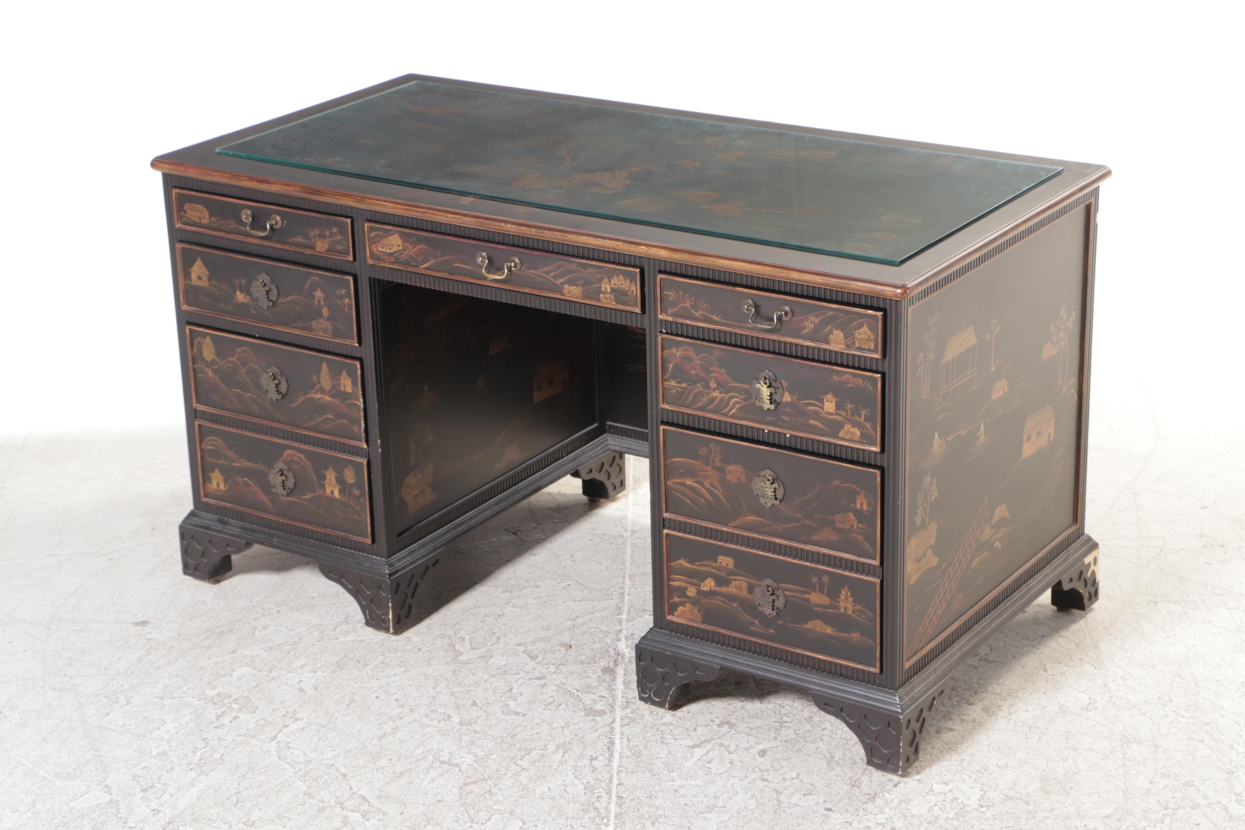 George III Style Chinoiserie Desk with Chelsea House Queen Anne Style Armchair