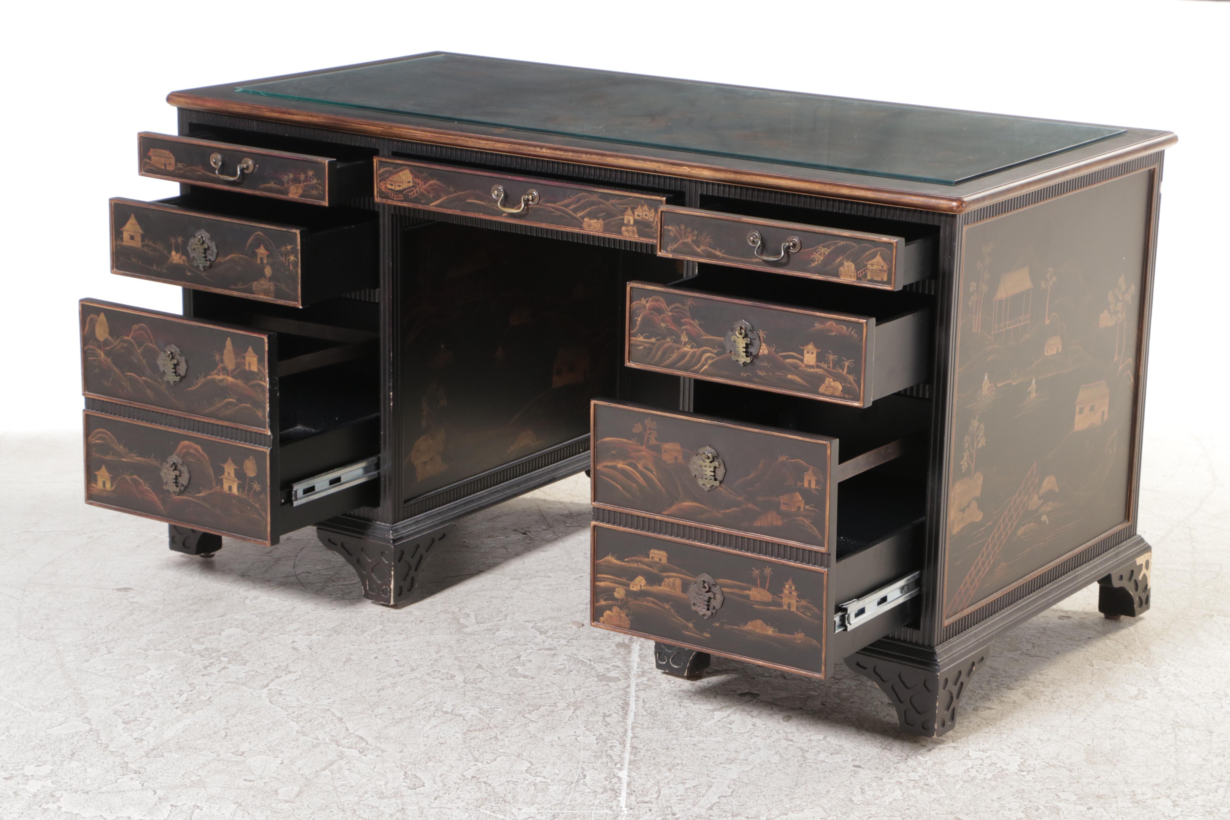 George III Style Chinoiserie Desk with Chelsea House Queen Anne Style Armchair