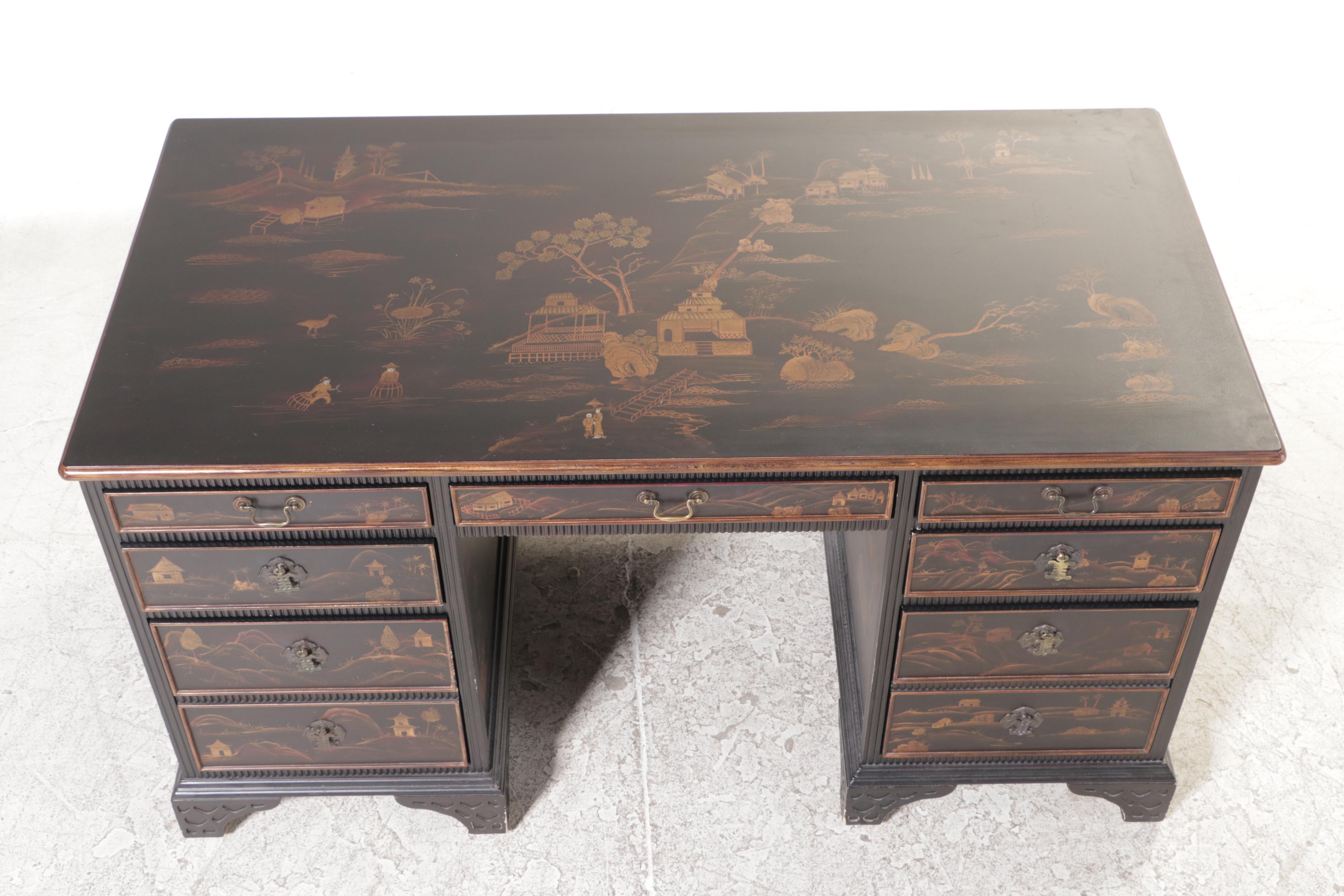 George III Style Chinoiserie Desk with Chelsea House Queen Anne Style Armchair