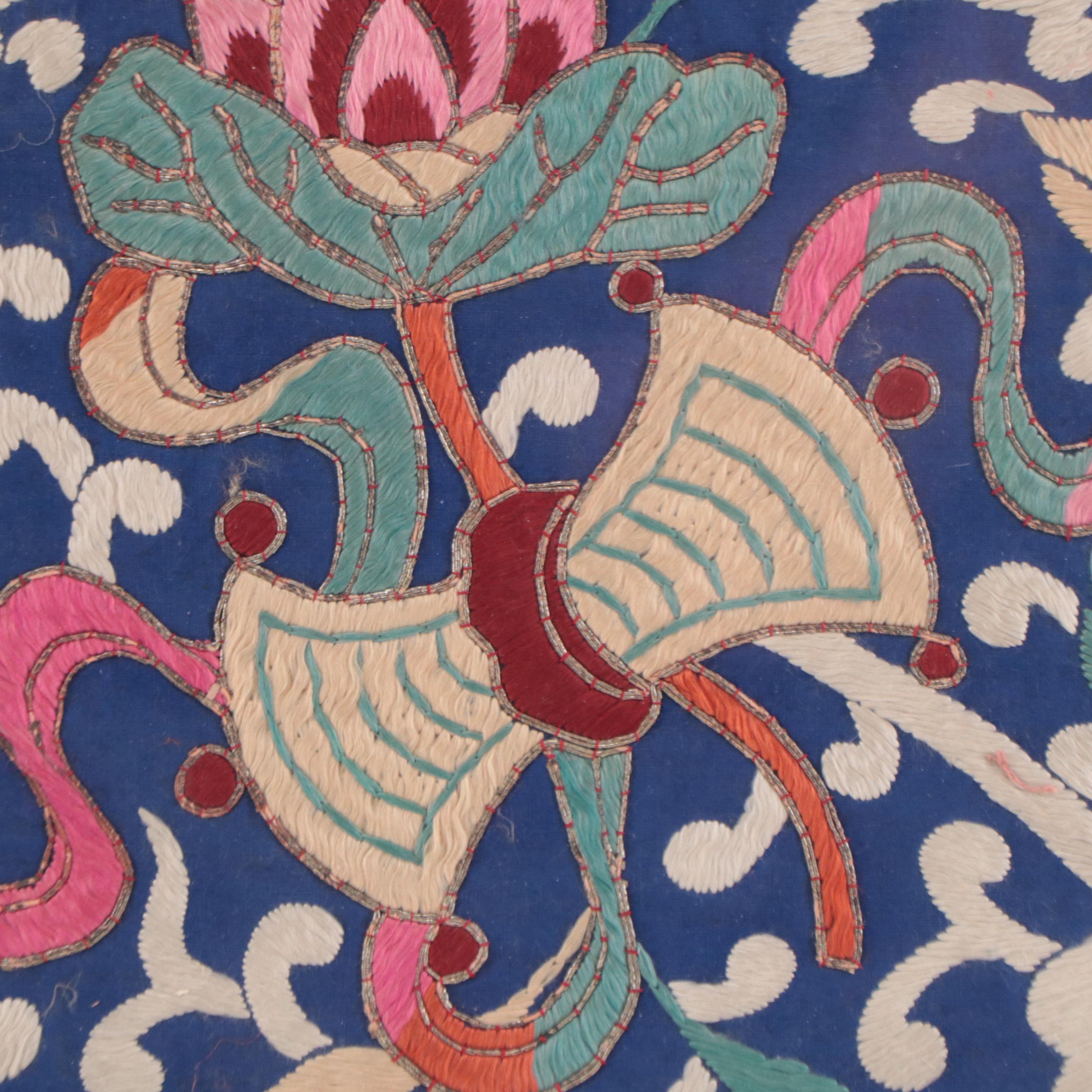 Asian Floral Embroidered Decorative Textile Square in Frame