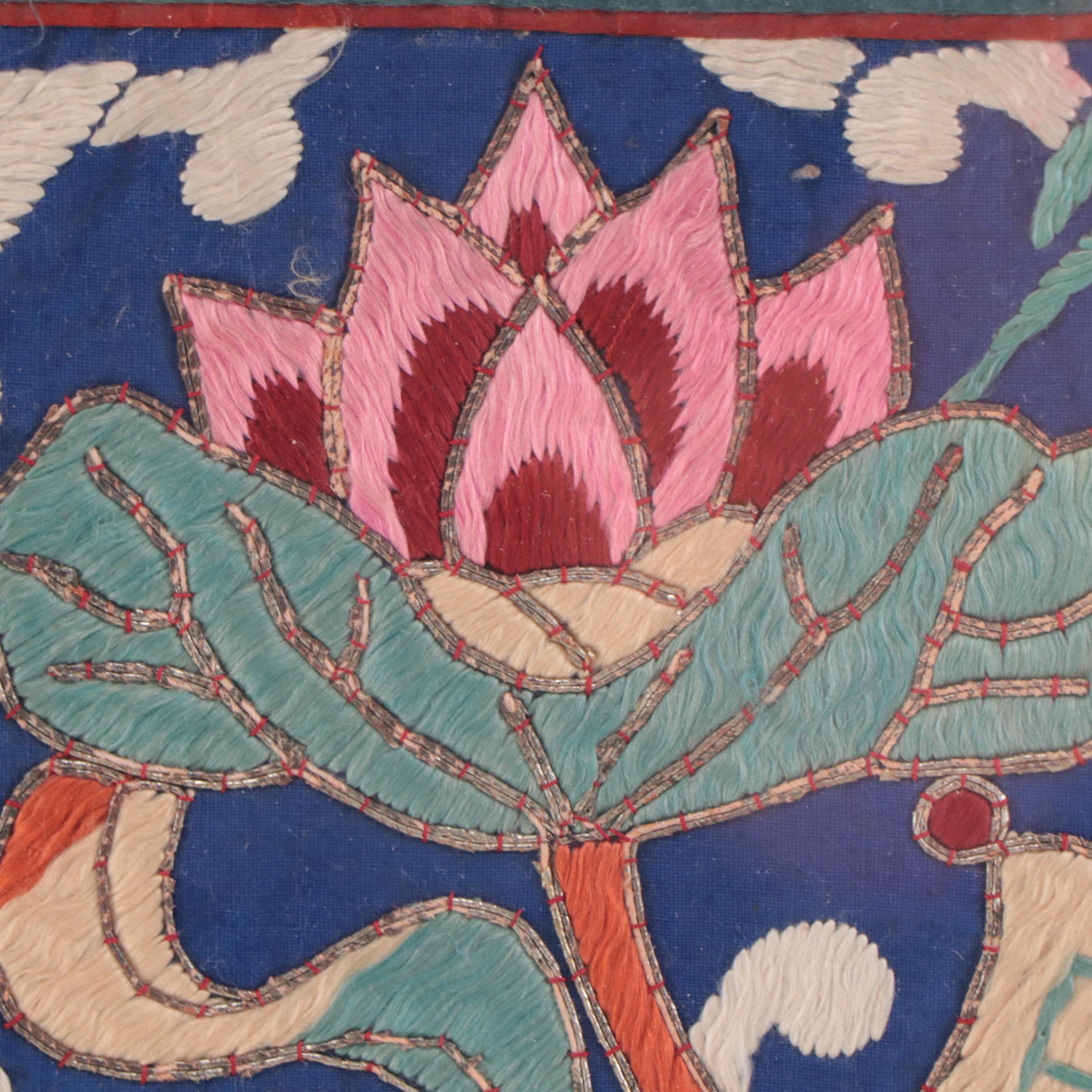 Asian Floral Embroidered Decorative Textile Square in Frame