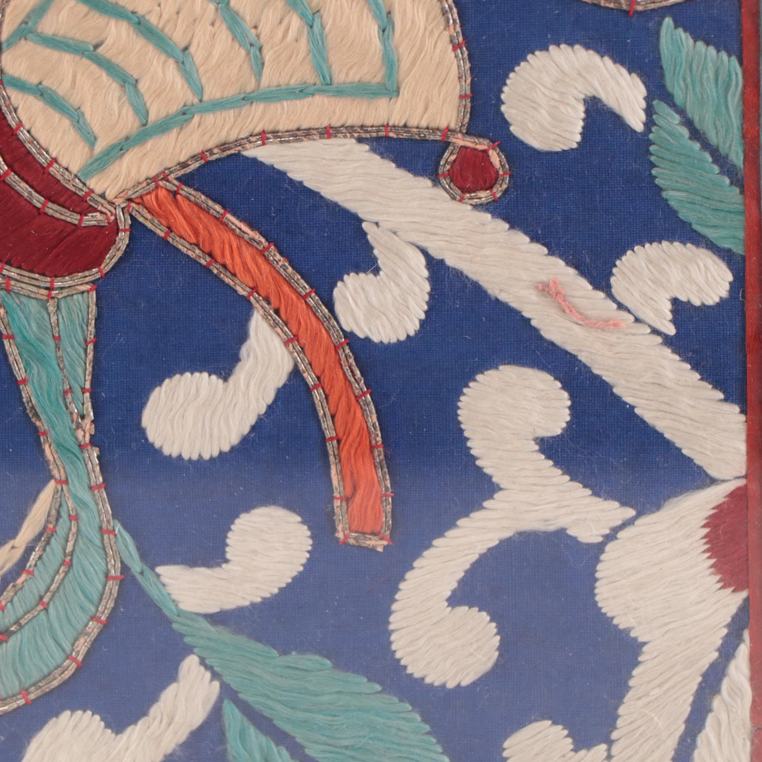 Asian Floral Embroidered Decorative Textile Square in Frame