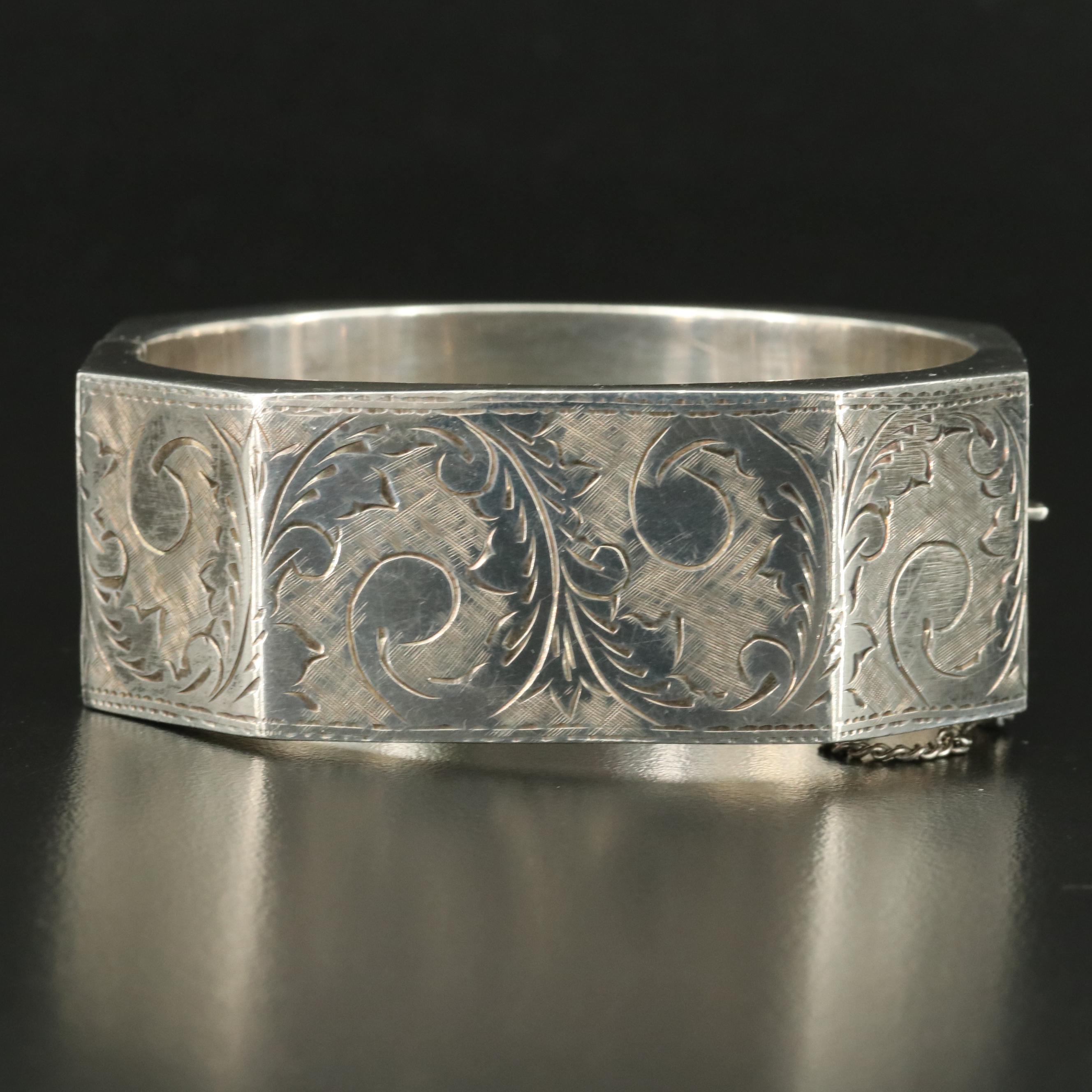 Sterling Engraved Octangonal Hinged Bangle