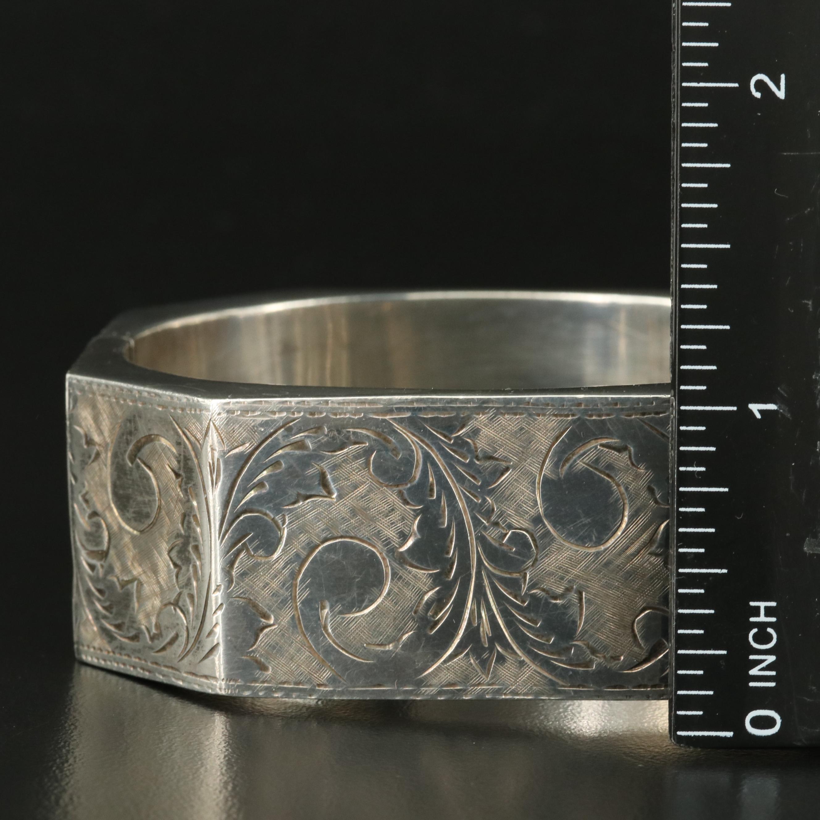 Sterling Engraved Octangonal Hinged Bangle