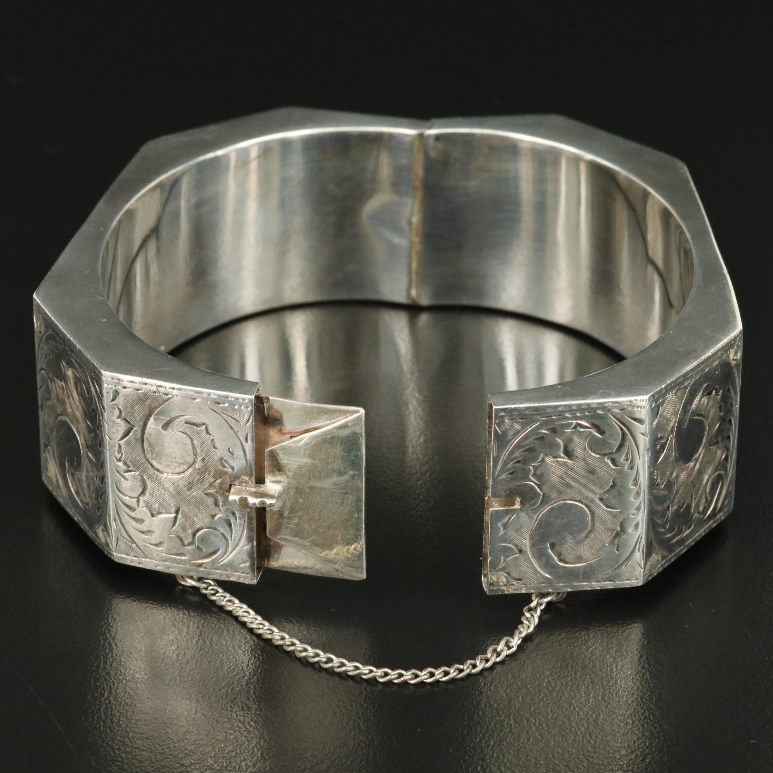 Sterling Engraved Octangonal Hinged Bangle