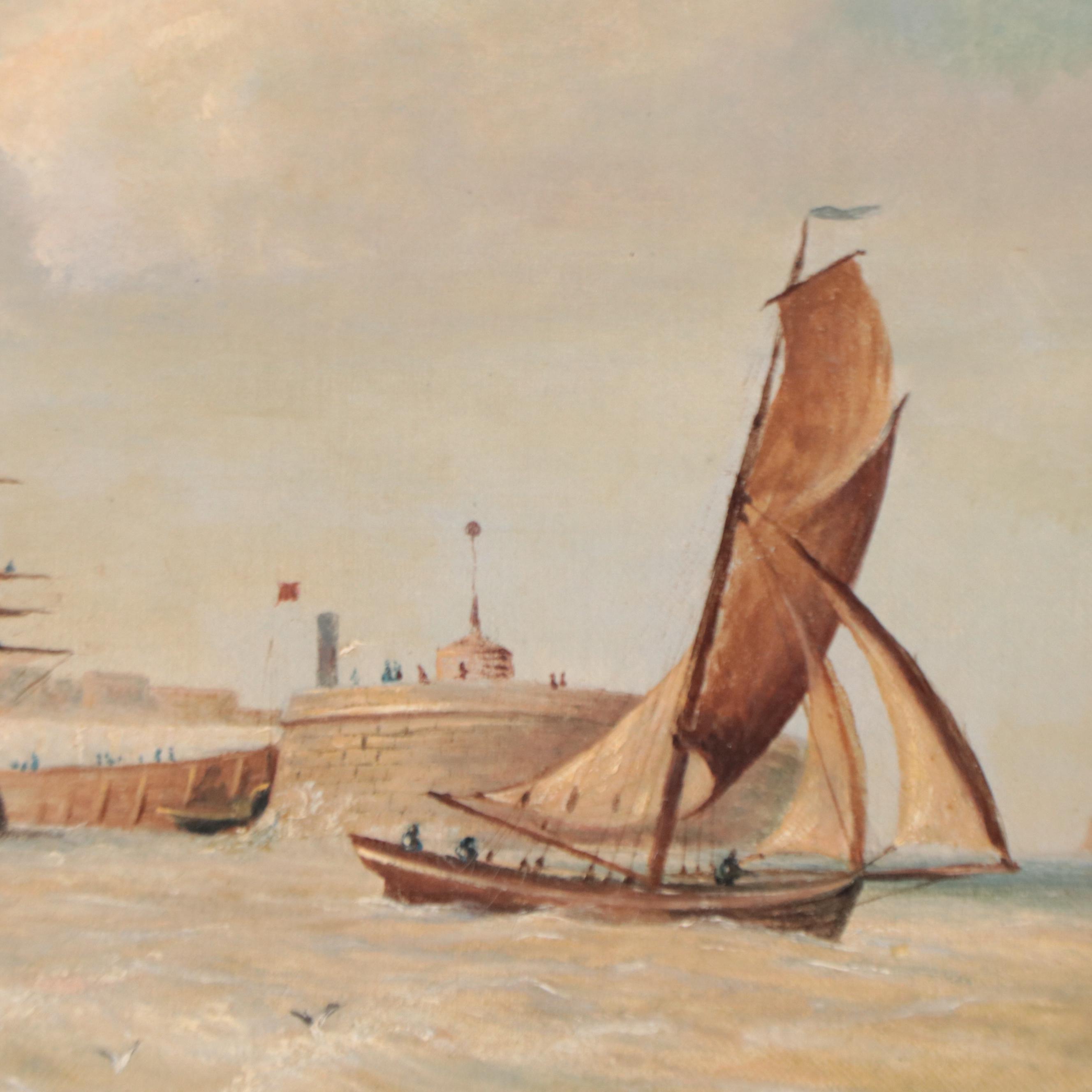 E. Braiser Oil Painting of Ships on Ocean, 1882