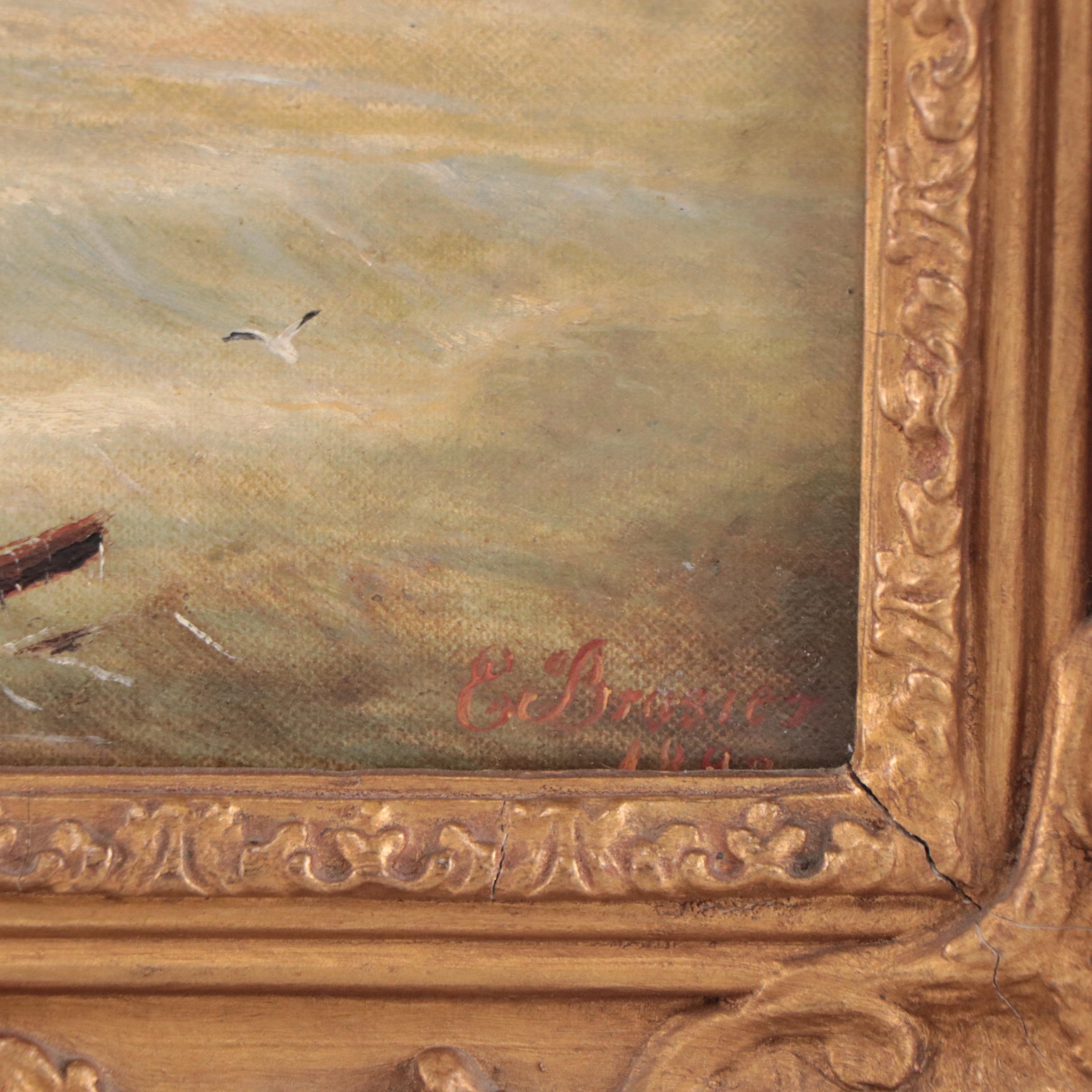 E. Braiser Oil Painting of Ships on Ocean, 1882