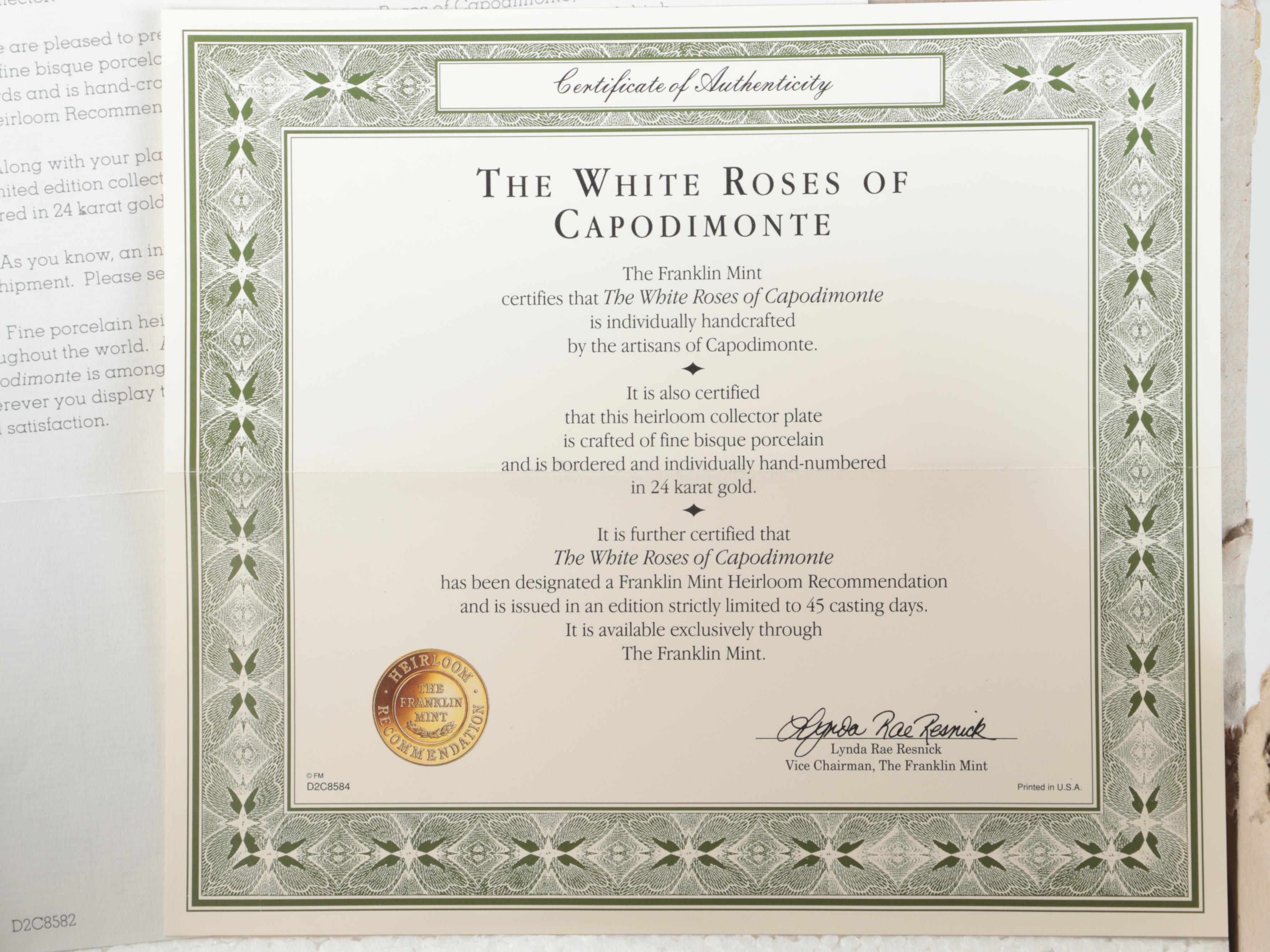 Franklin Mint Bisque Porcelain "Roses of Capodimonte" Collector Plates