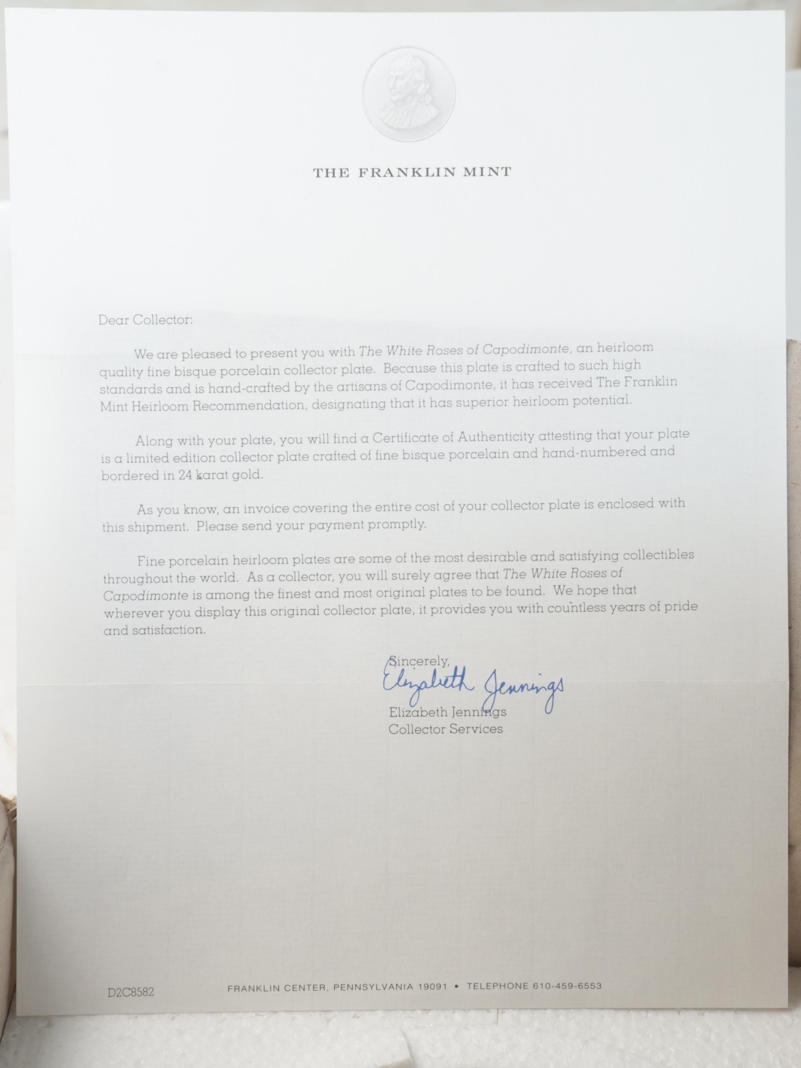 Franklin Mint Bisque Porcelain "Roses of Capodimonte" Collector Plates