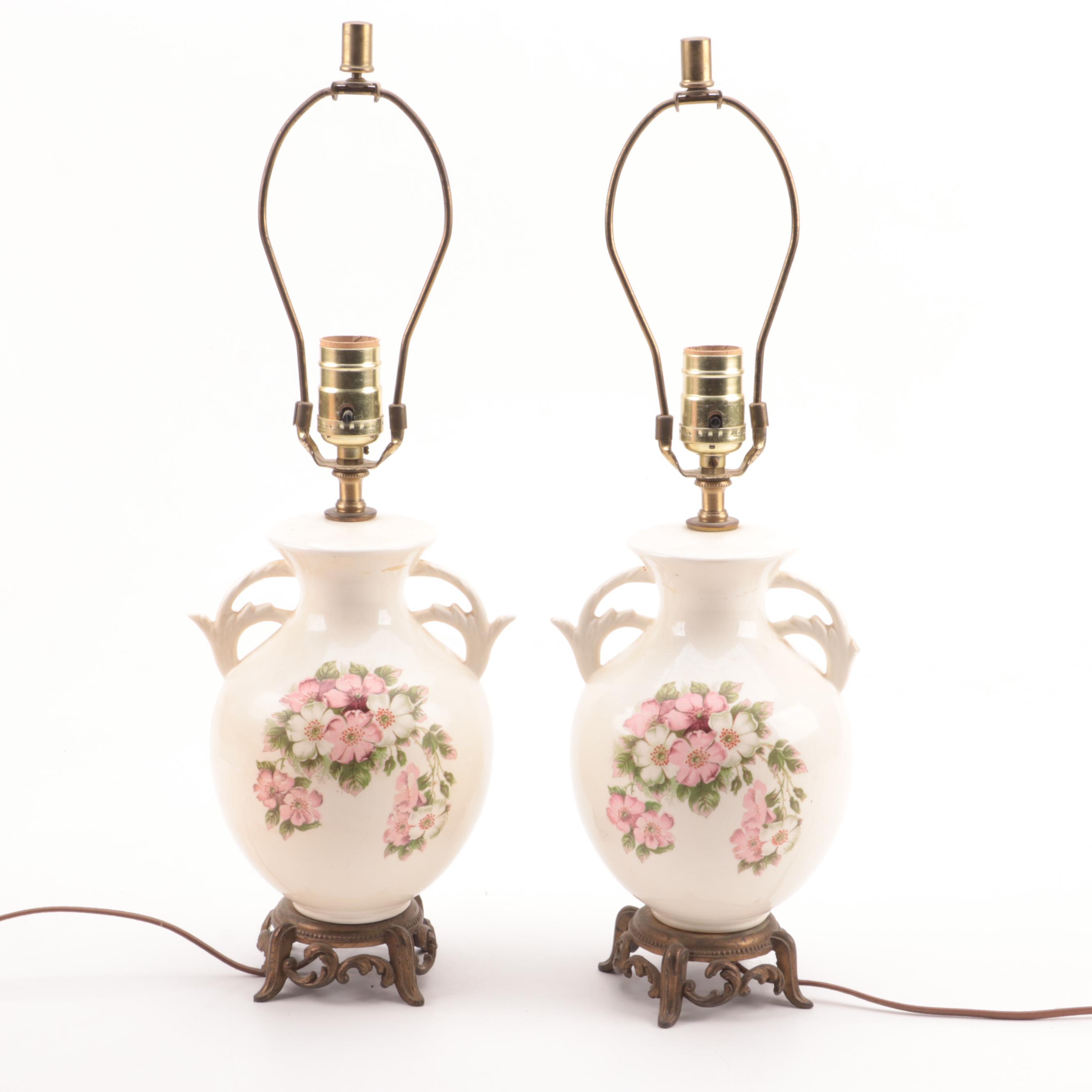 Ceramic Floral Motif Handled Table Lamps