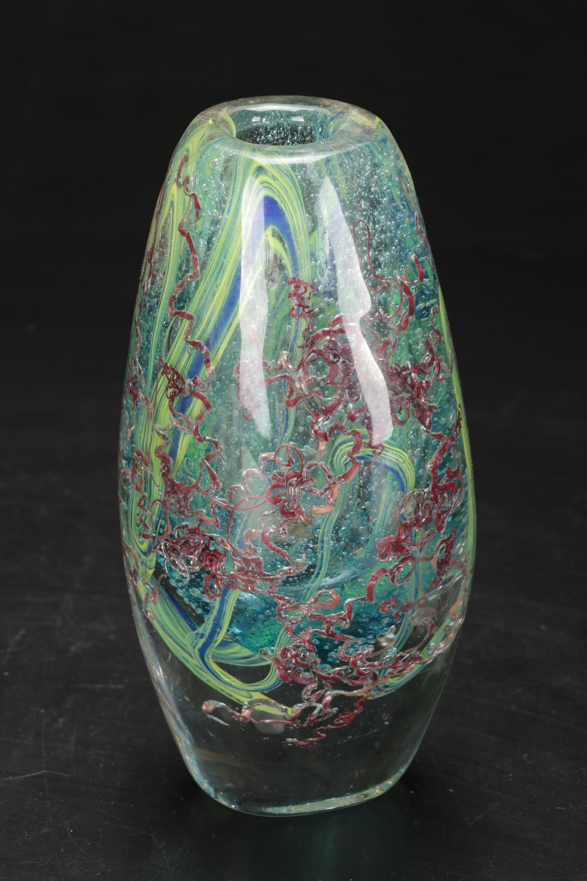 Signed Michael Rozell Art Glass Paperweight and Bud Vase