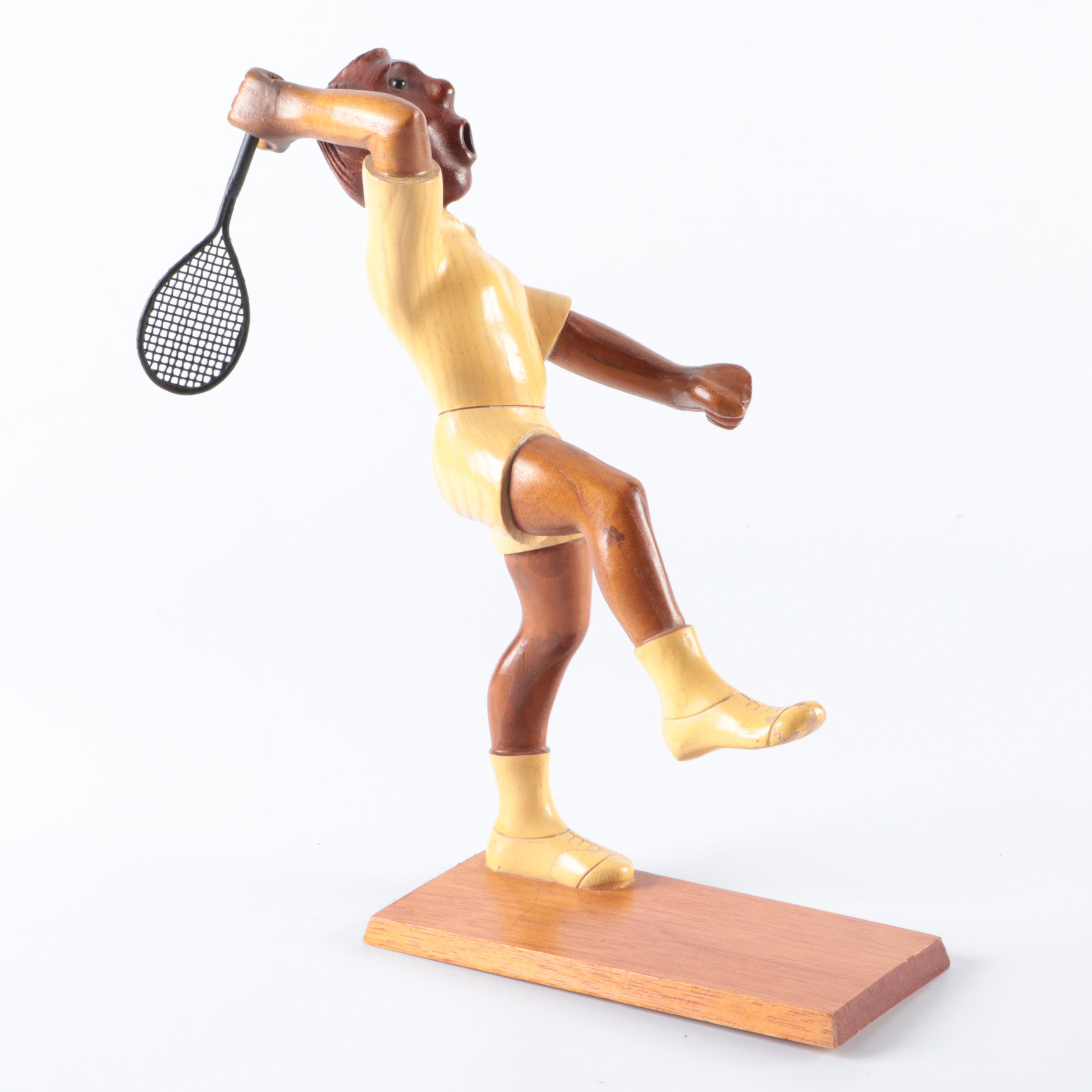 Italian Carved Tennis Figurines with Tennis Can Glass Tumblers and Paperweight