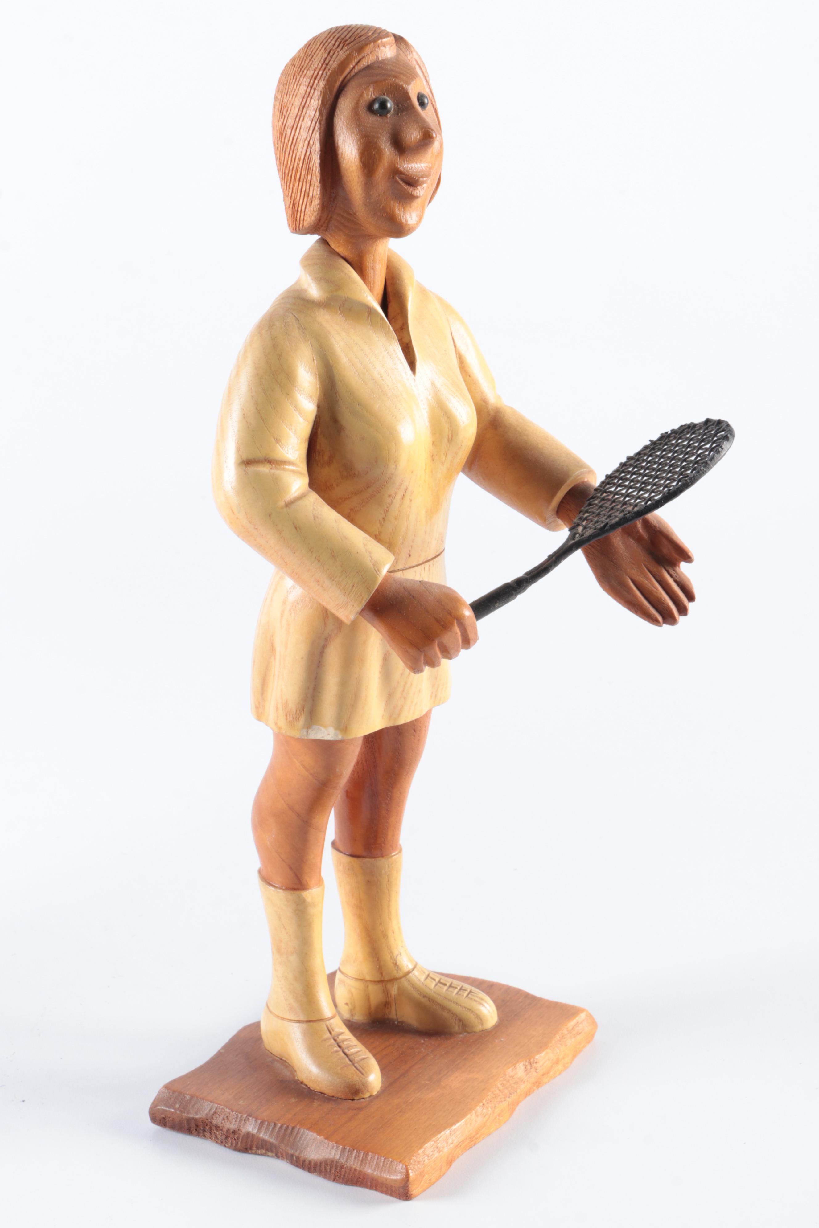 Italian Carved Tennis Figurines with Tennis Can Glass Tumblers and Paperweight