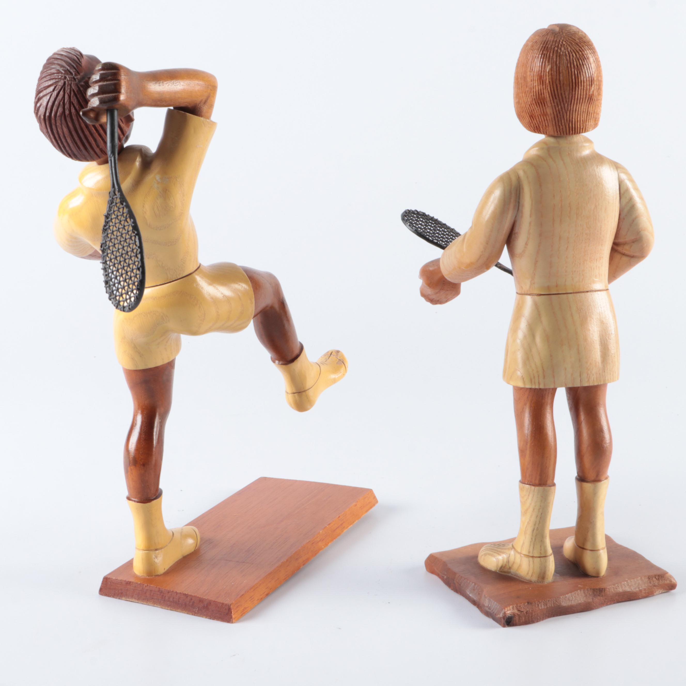 Italian Carved Tennis Figurines with Tennis Can Glass Tumblers and Paperweight