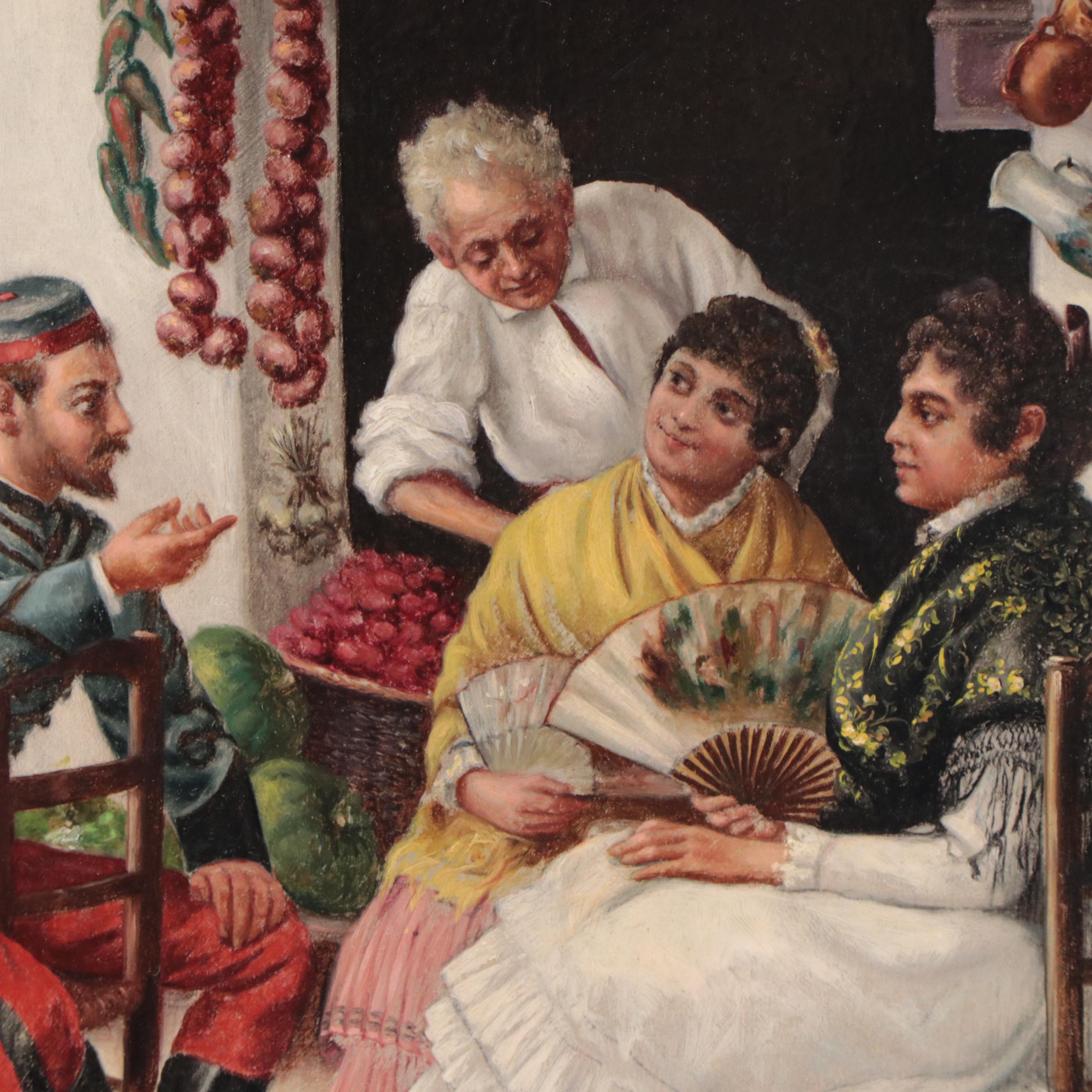 Emile René Lafont Oil Painting of Figures in Exterior Scene