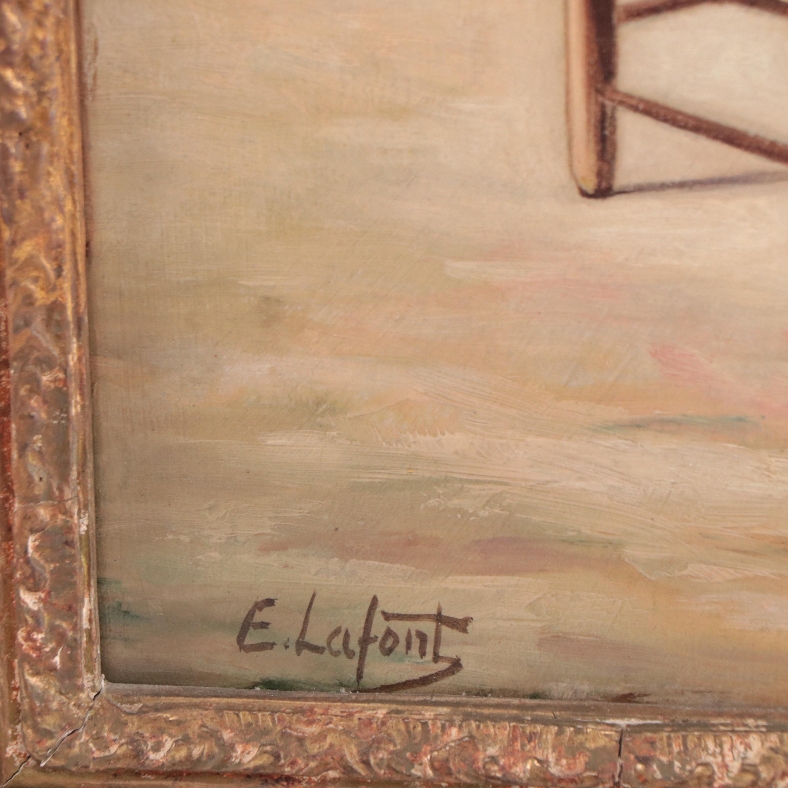 Emile René Lafont Oil Painting of Figures in Exterior Scene