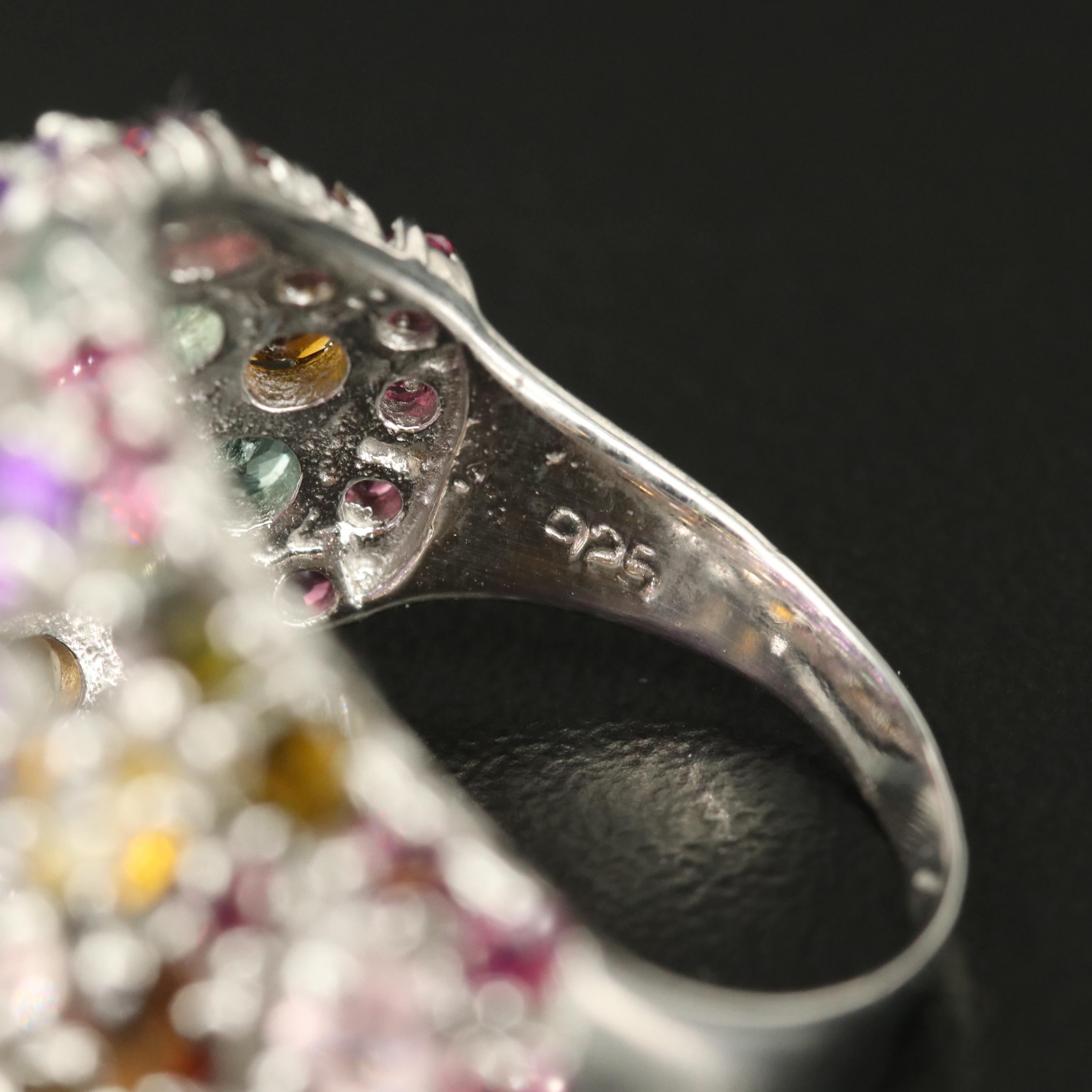 Sterling Amethyst and Tourmaline Bombé Floral Ring