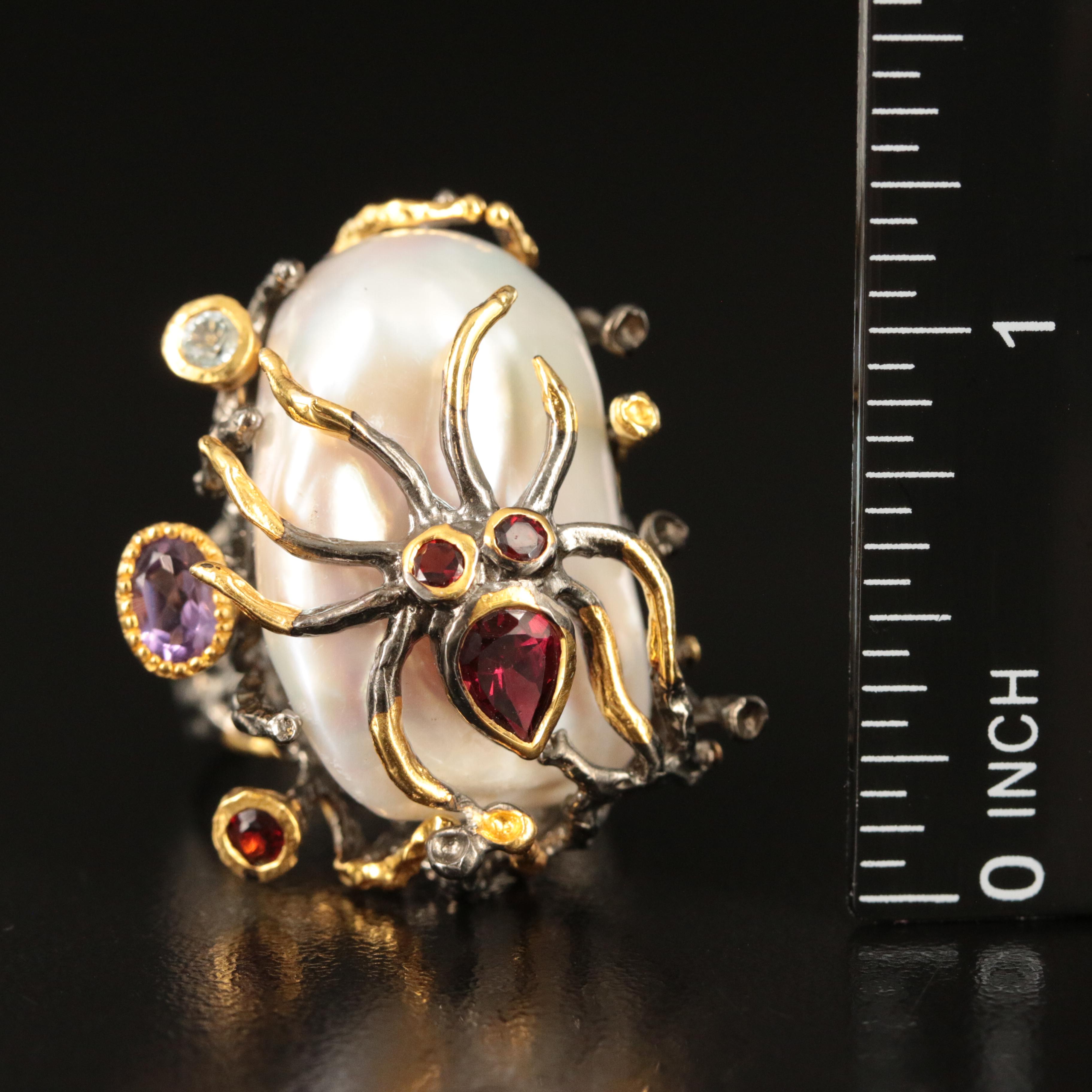 Sterling Spider Ring Including Pearl, Amethyst and Topaz