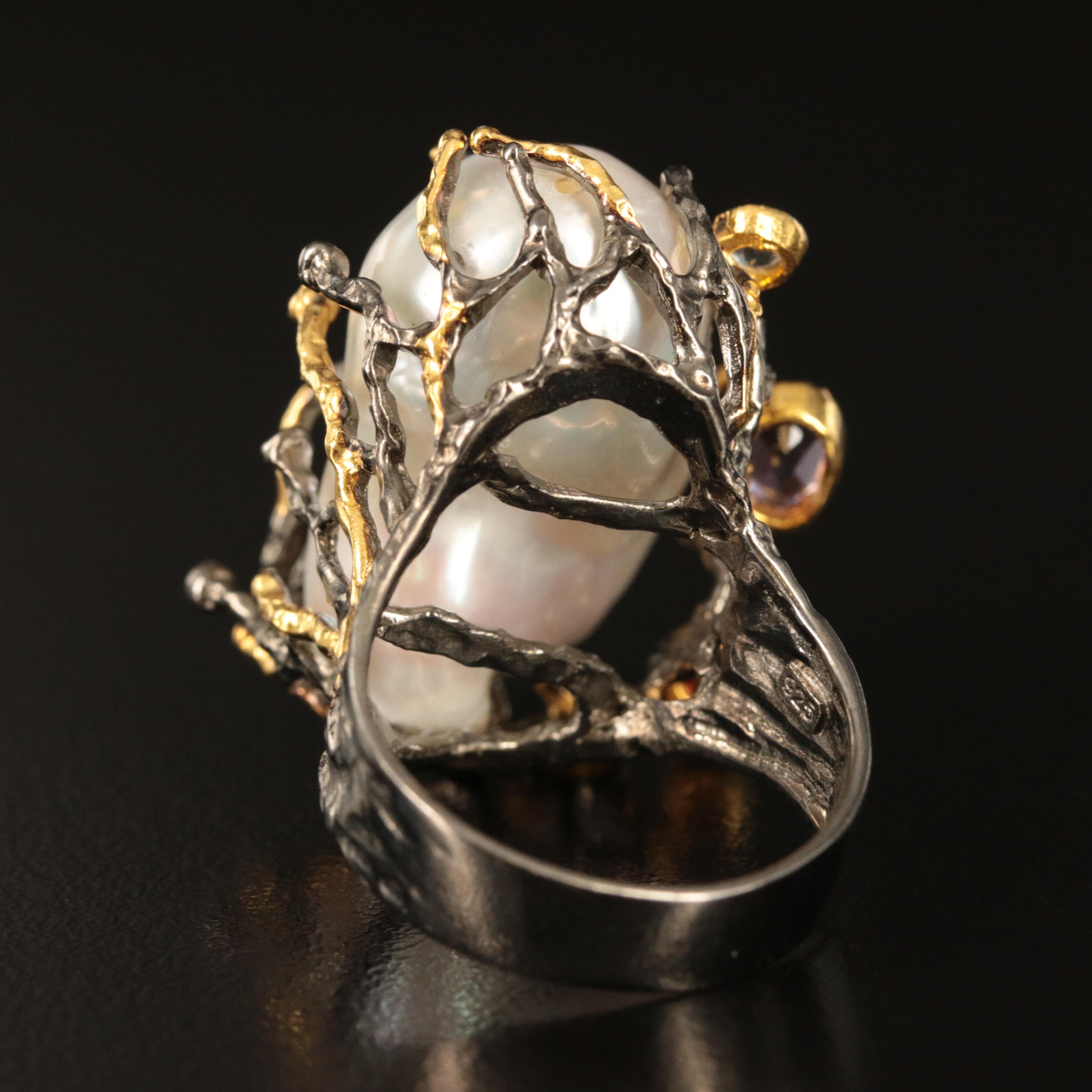 Sterling Spider Ring Including Pearl, Amethyst and Topaz