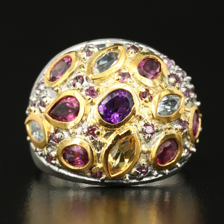 Sterling Amethyst, Aquamarine and Rhodolite Garnet Ring