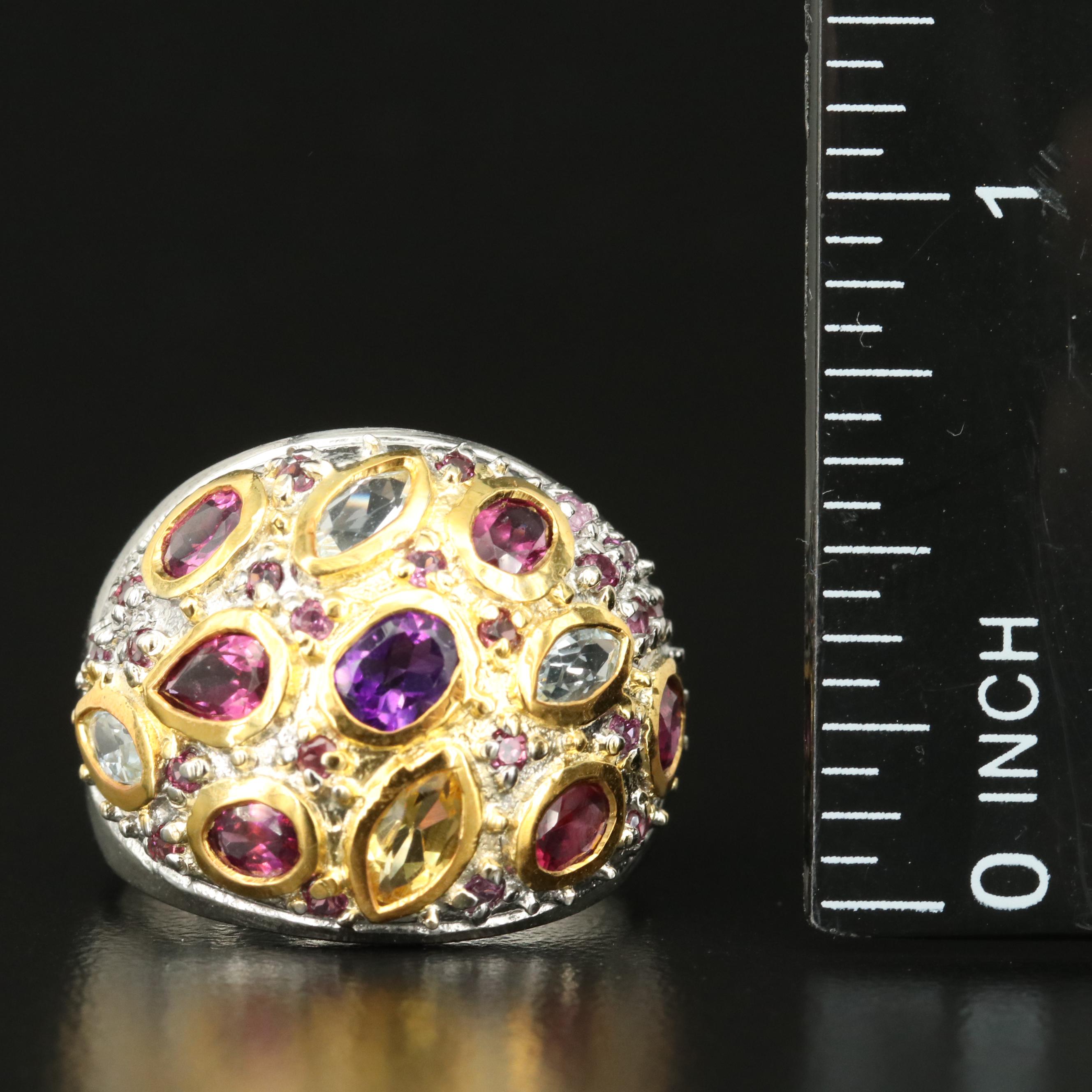 Sterling Amethyst, Aquamarine and Rhodolite Garnet Ring