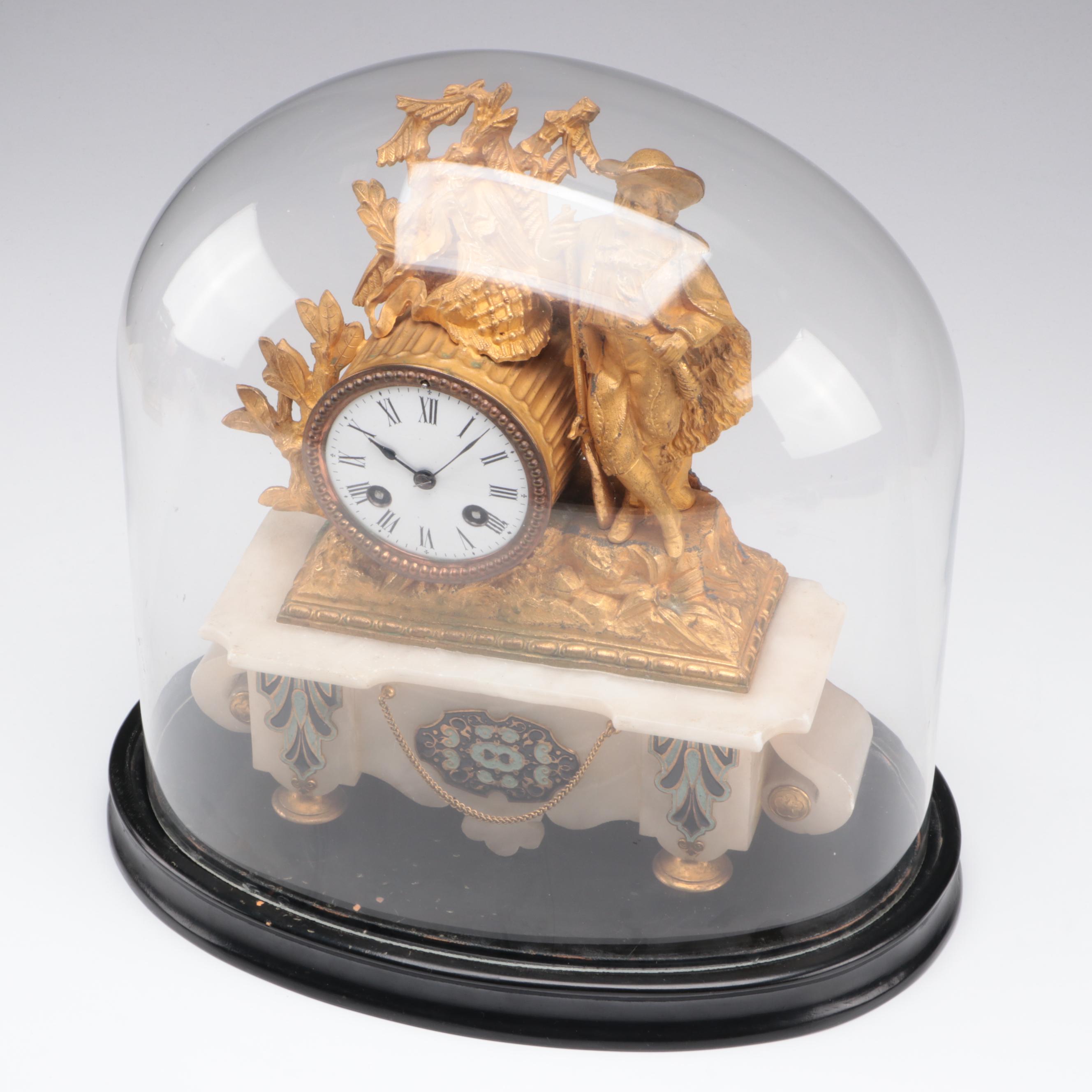 Phillipe H Mourey French Gilt Metal Figural Clock and Cloche, Late 19th Century