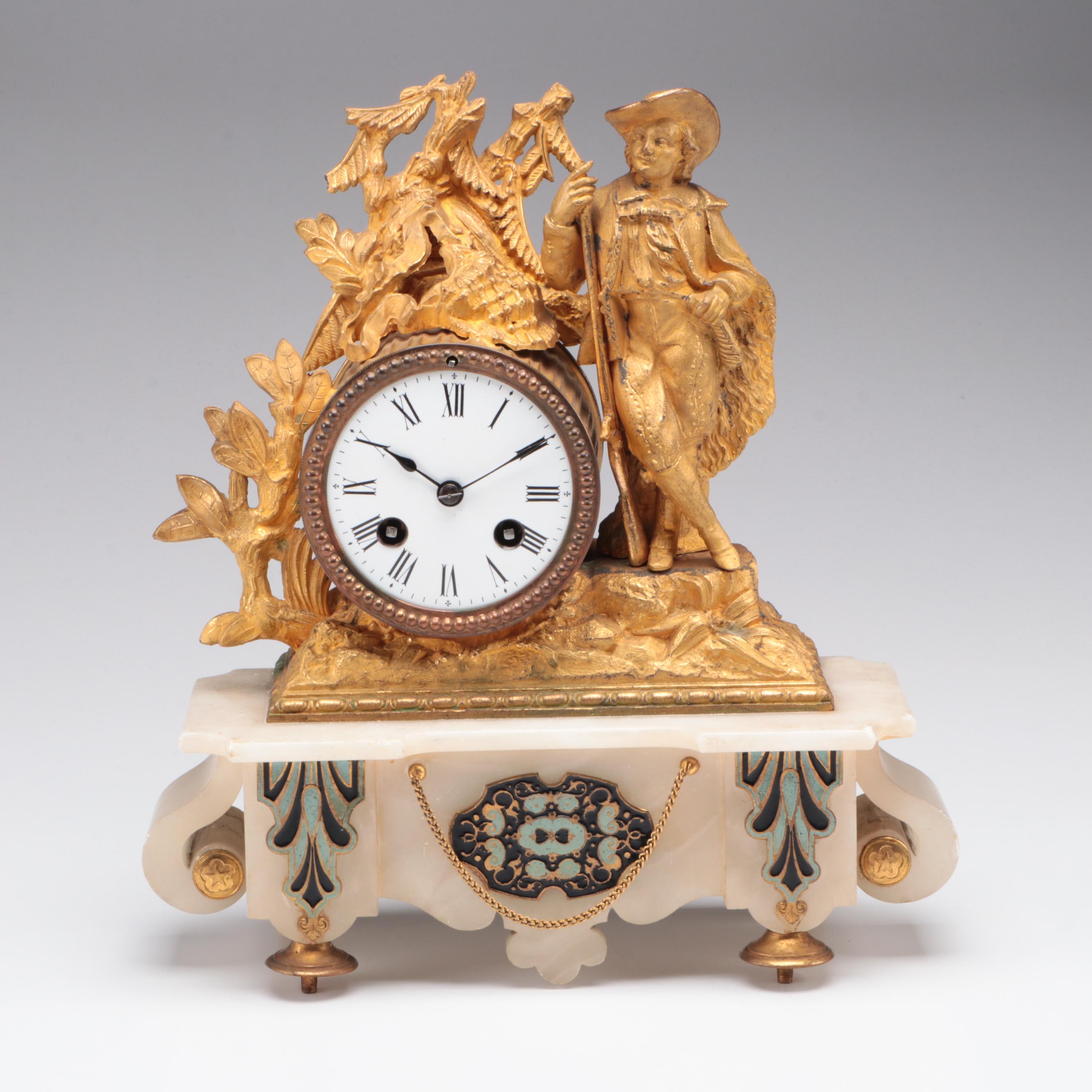 Phillipe H Mourey French Gilt Metal Figural Clock and Cloche, Late 19th Century
