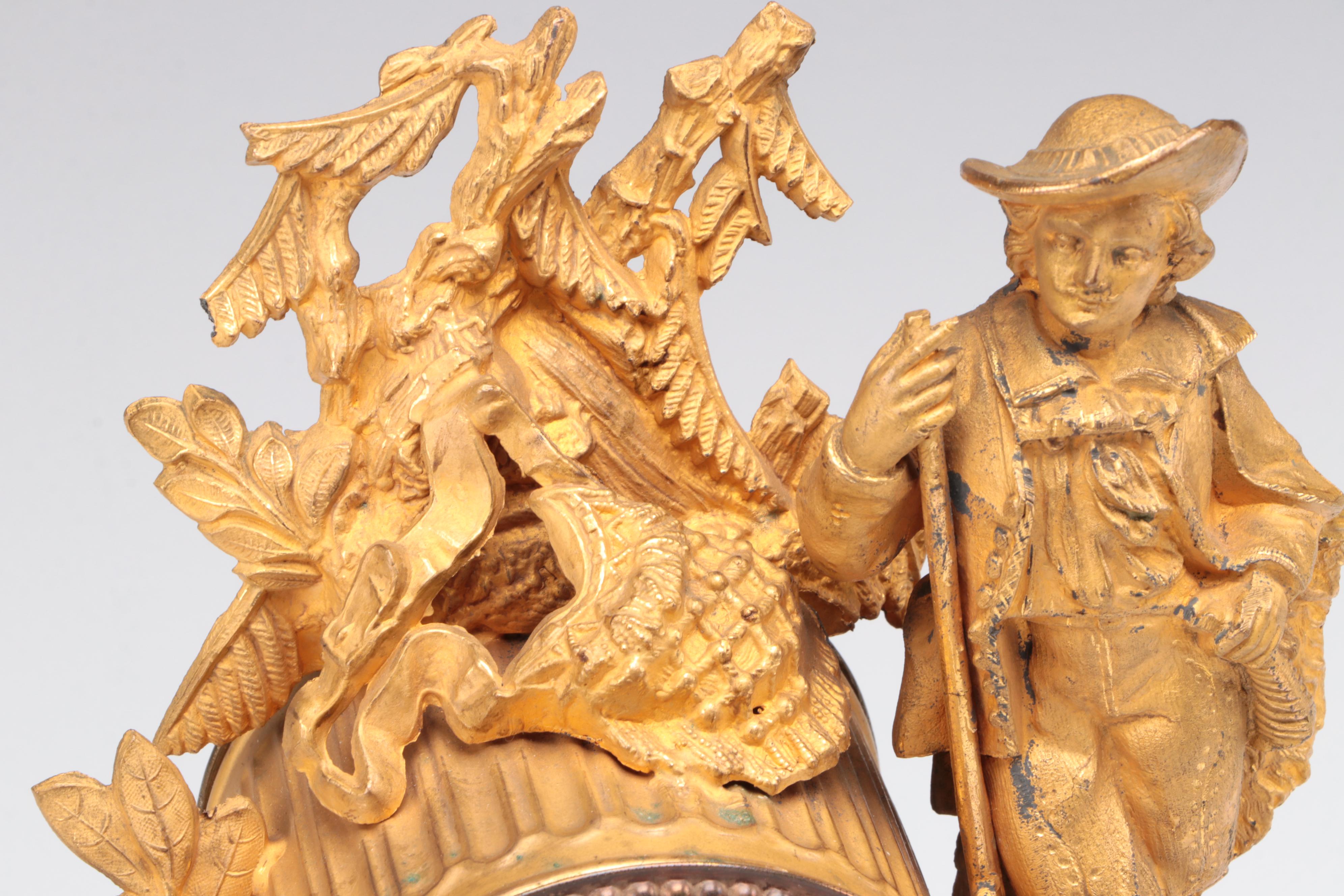 Phillipe H Mourey French Gilt Metal Figural Clock and Cloche, Late 19th Century