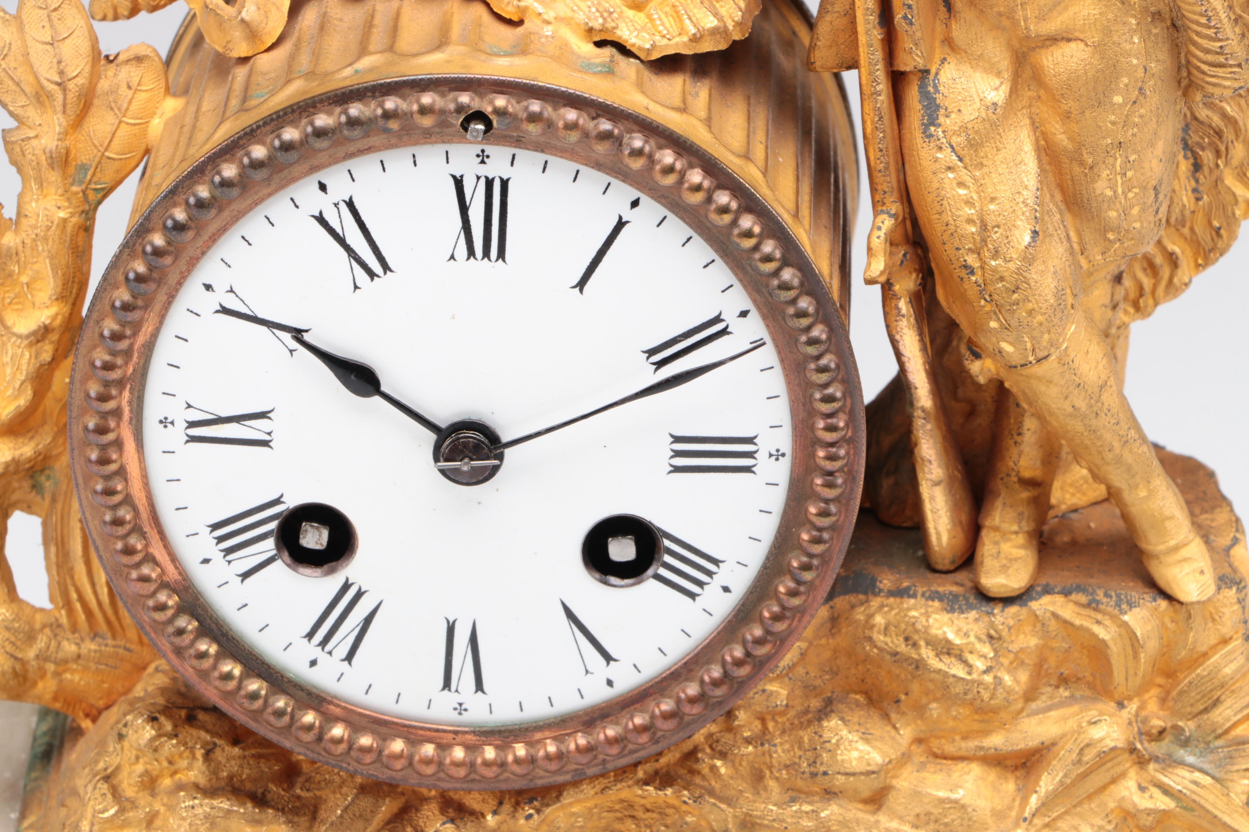 Phillipe H Mourey French Gilt Metal Figural Clock and Cloche, Late 19th Century