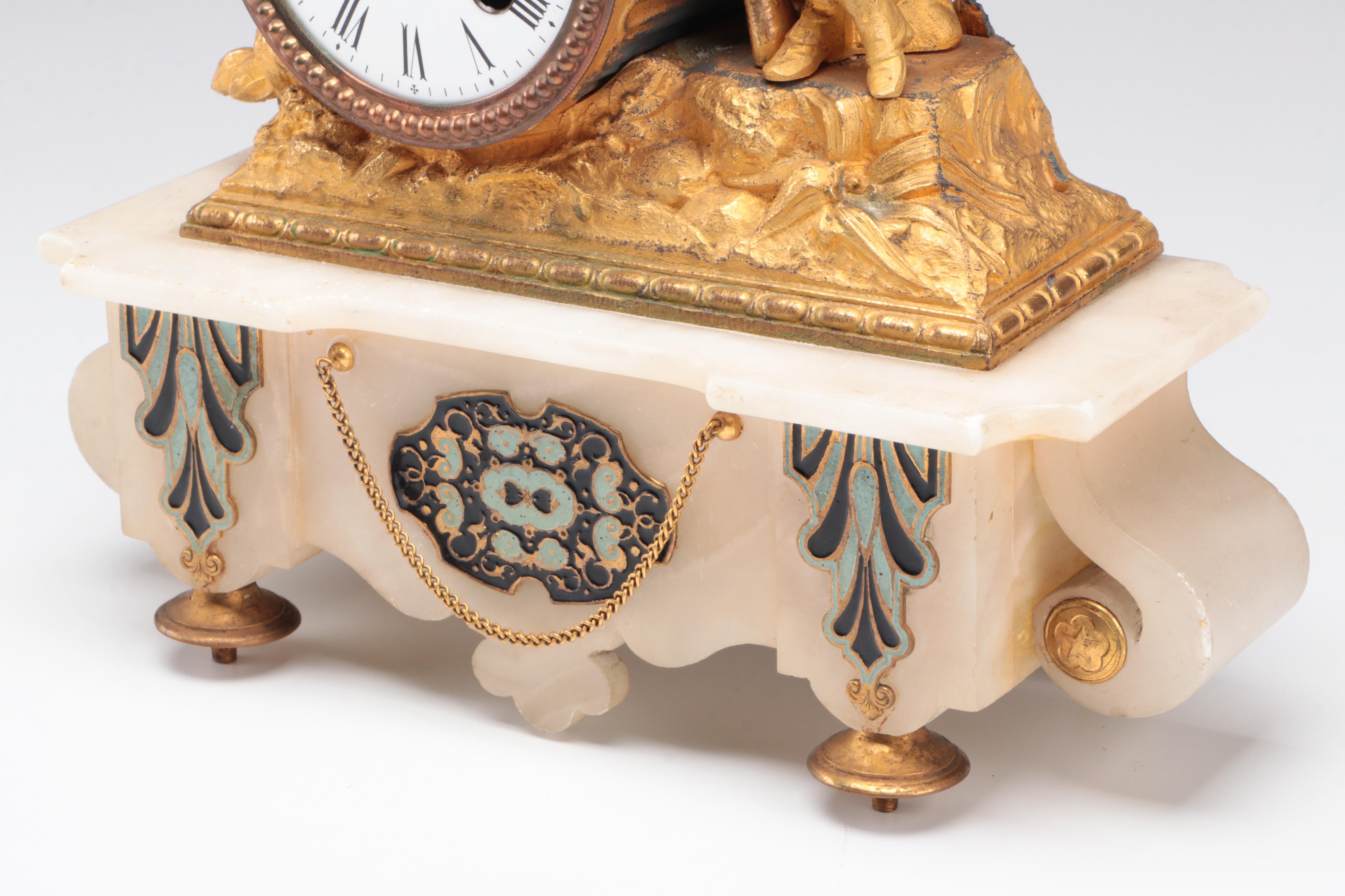 Phillipe H Mourey French Gilt Metal Figural Clock and Cloche, Late 19th Century