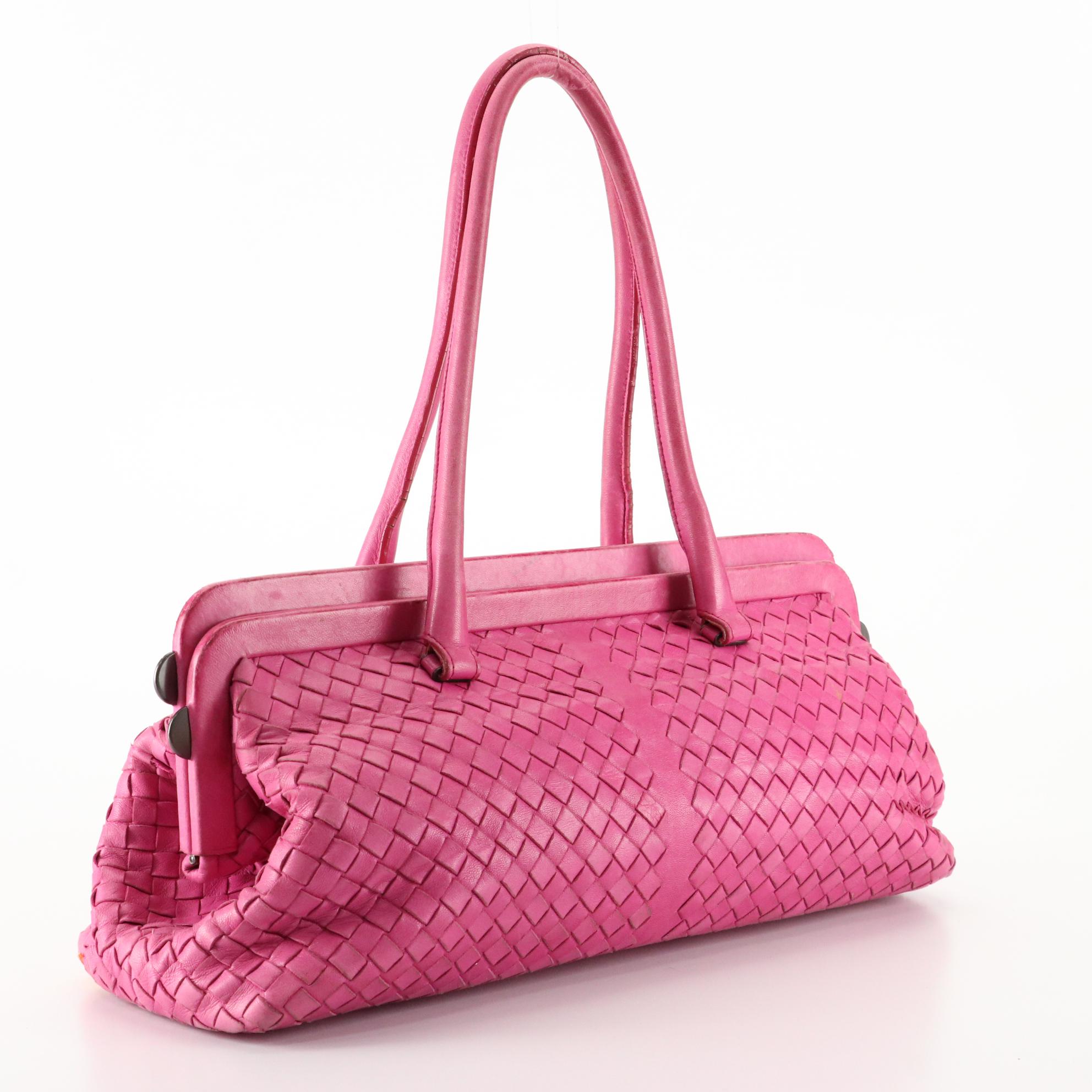 Bottega Veneta Top Handle Shoulder Bag in Pink Intrecciato Leather