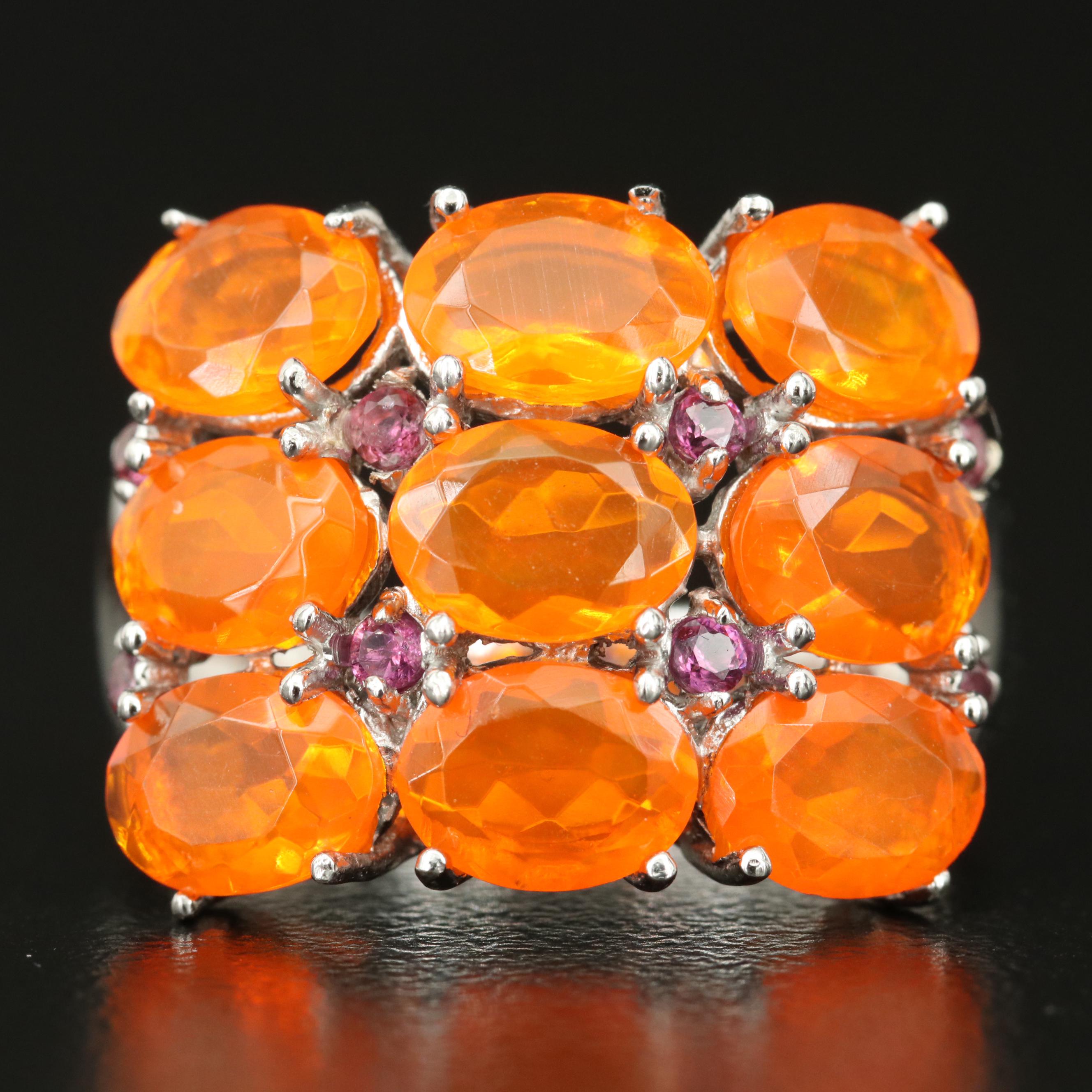 Sterling Fire Opal and Rhodolite Garnet Ring