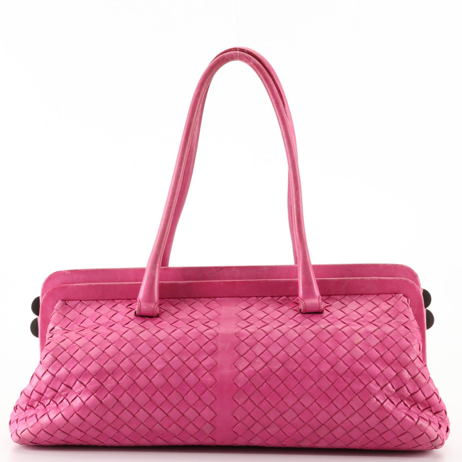 Bottega Veneta Top Handle Shoulder Bag in Pink Intrecciato Leather