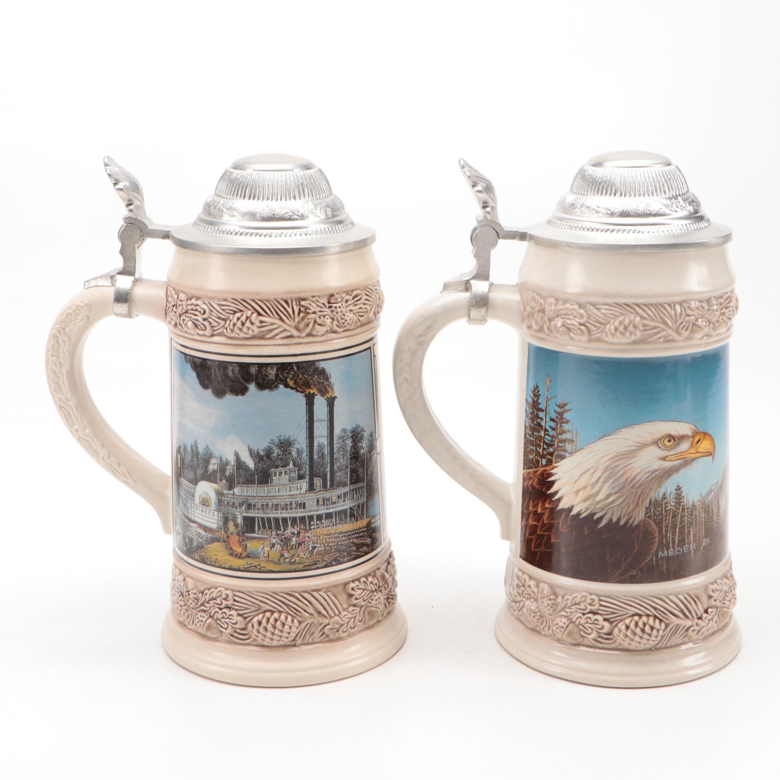 Gerz Bald Eagle and Steamboat Motif Ceramic Steins