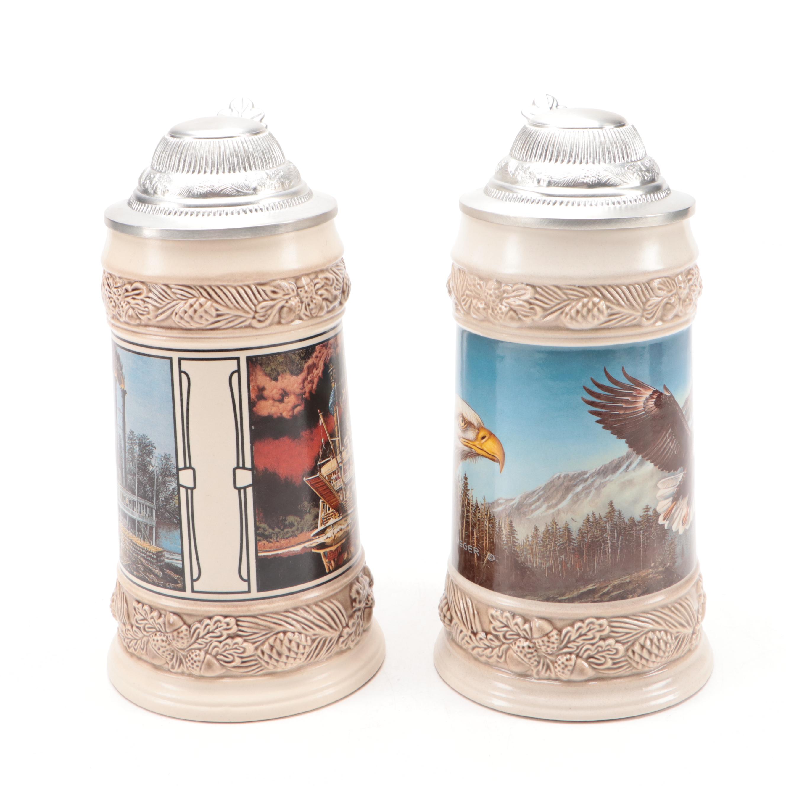 Gerz Bald Eagle and Steamboat Motif Ceramic Steins