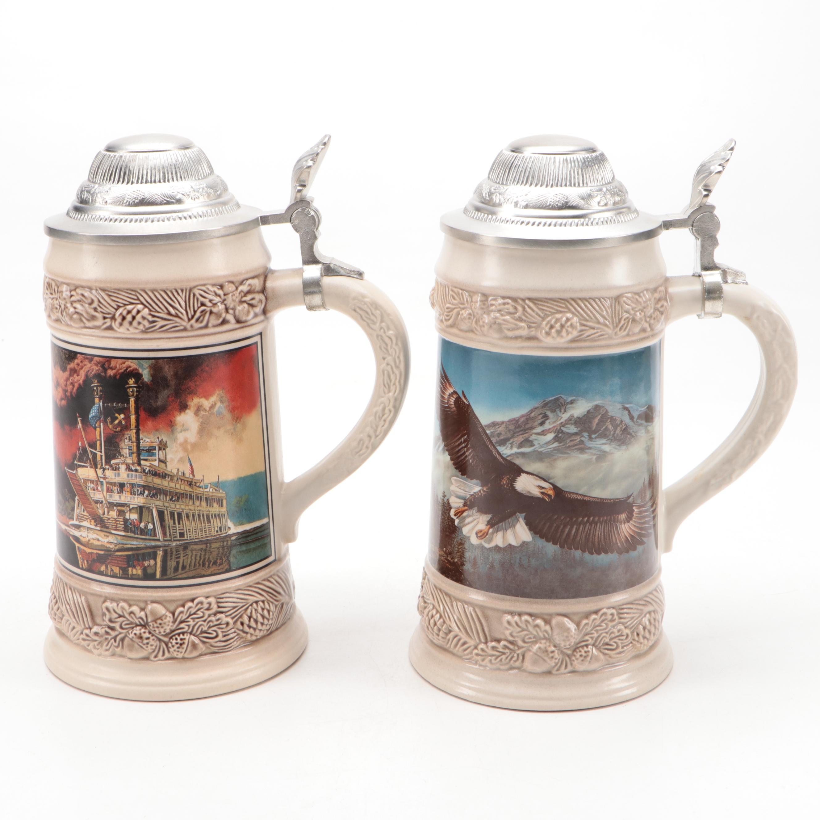 Gerz Bald Eagle and Steamboat Motif Ceramic Steins