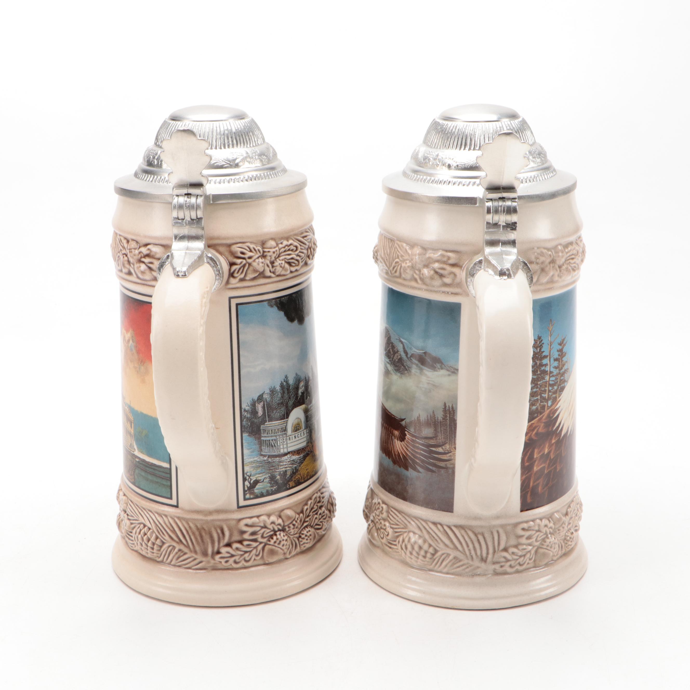 Gerz Bald Eagle and Steamboat Motif Ceramic Steins