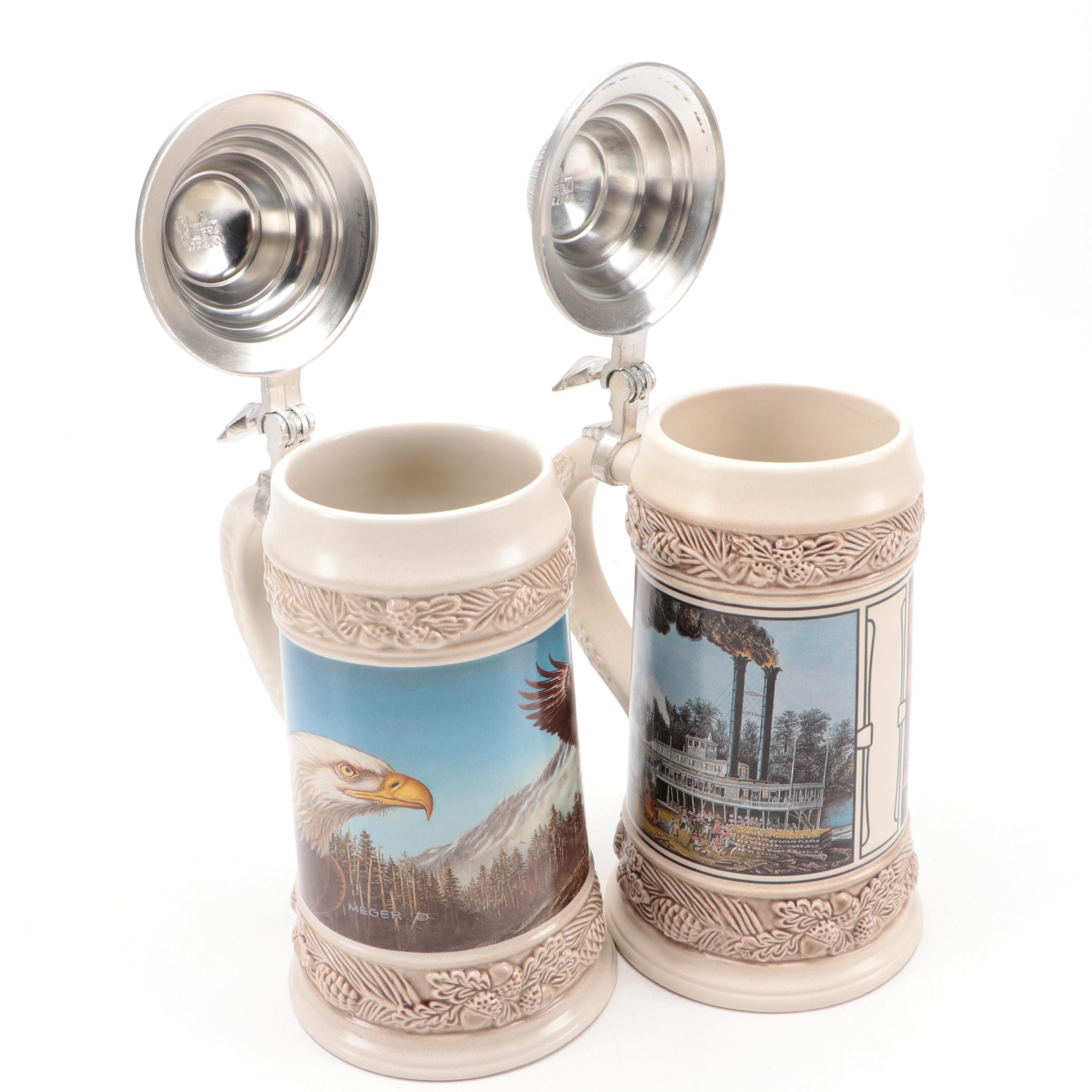 Gerz Bald Eagle and Steamboat Motif Ceramic Steins