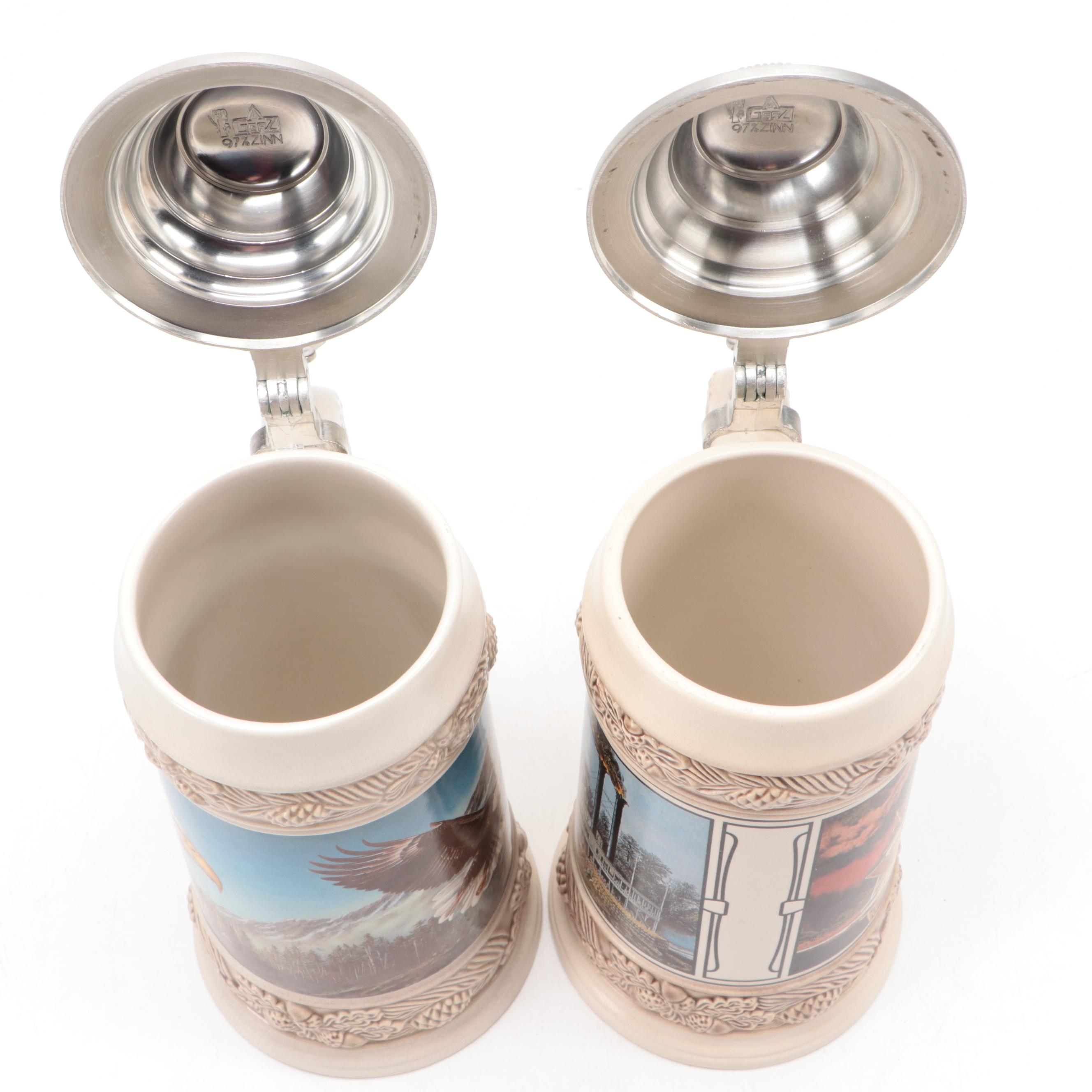 Gerz Bald Eagle and Steamboat Motif Ceramic Steins