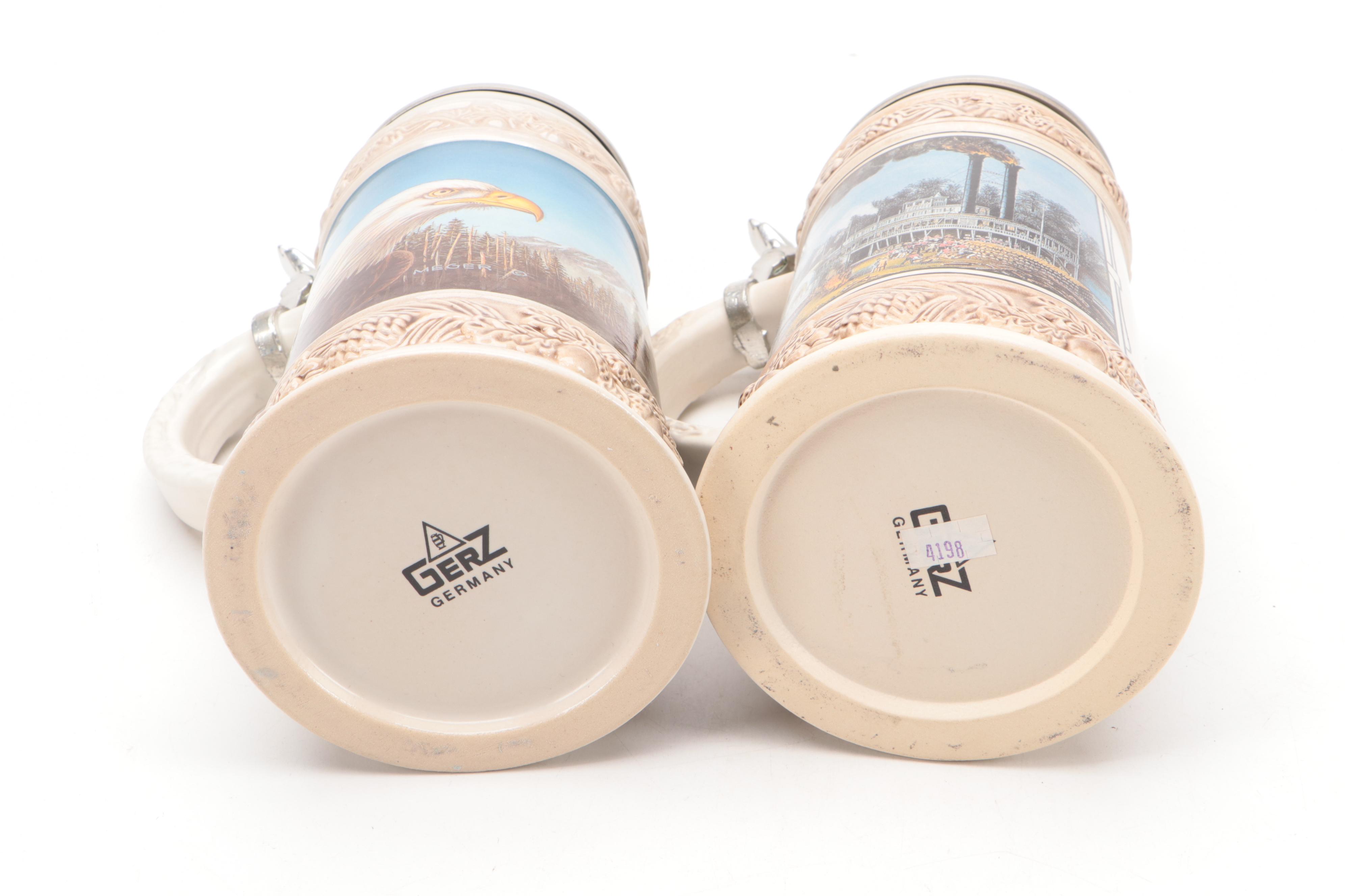 Gerz Bald Eagle and Steamboat Motif Ceramic Steins