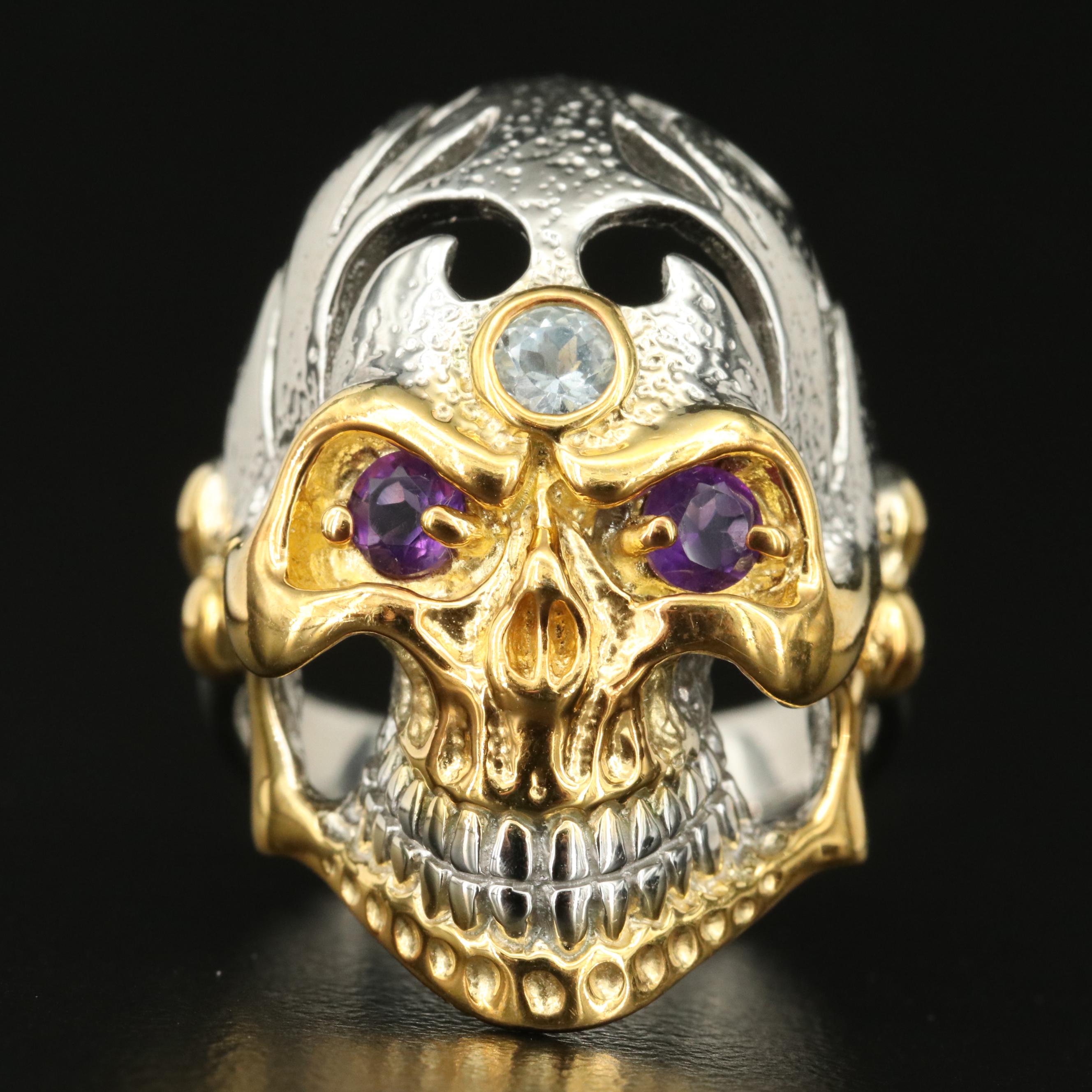 Sterling Amethyst and Aquamarine Skull Ring