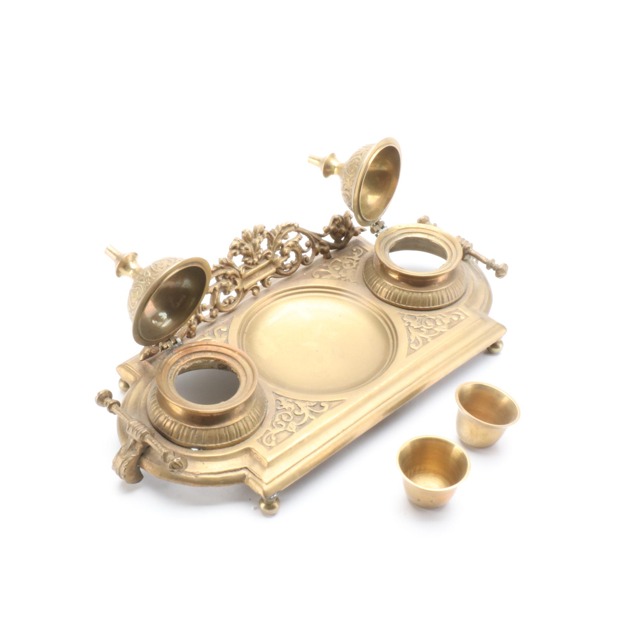 Foliate Brass Double Inkwell with Additional Jars