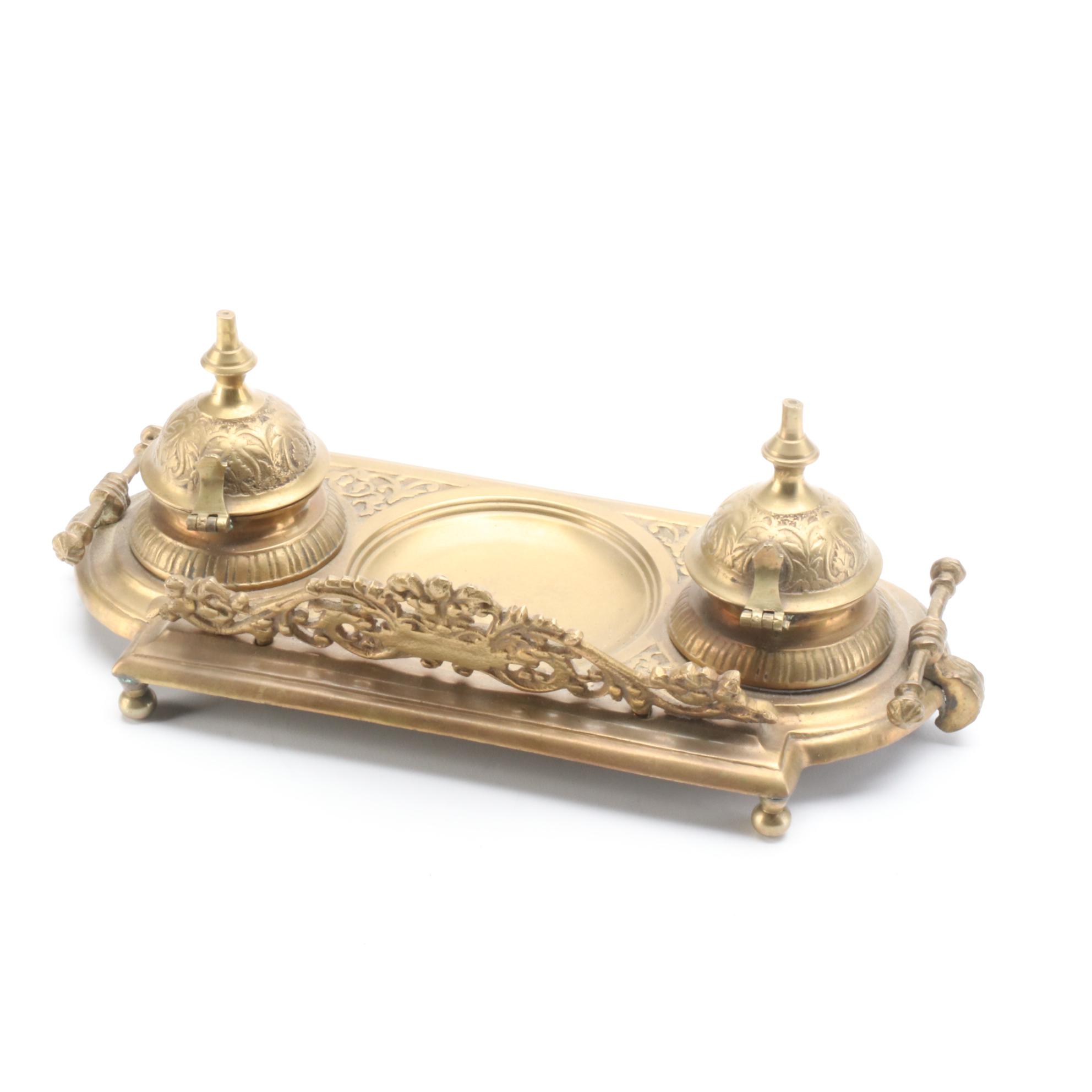 Foliate Brass Double Inkwell with Additional Jars