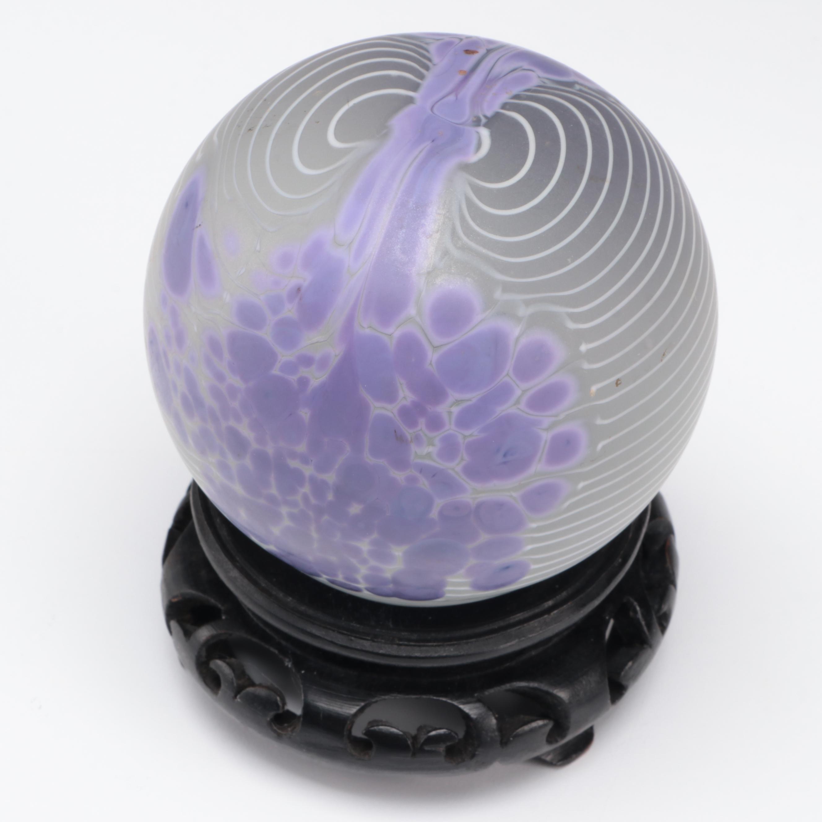 Art Glass Paperweight on Wooden Stand, 1989