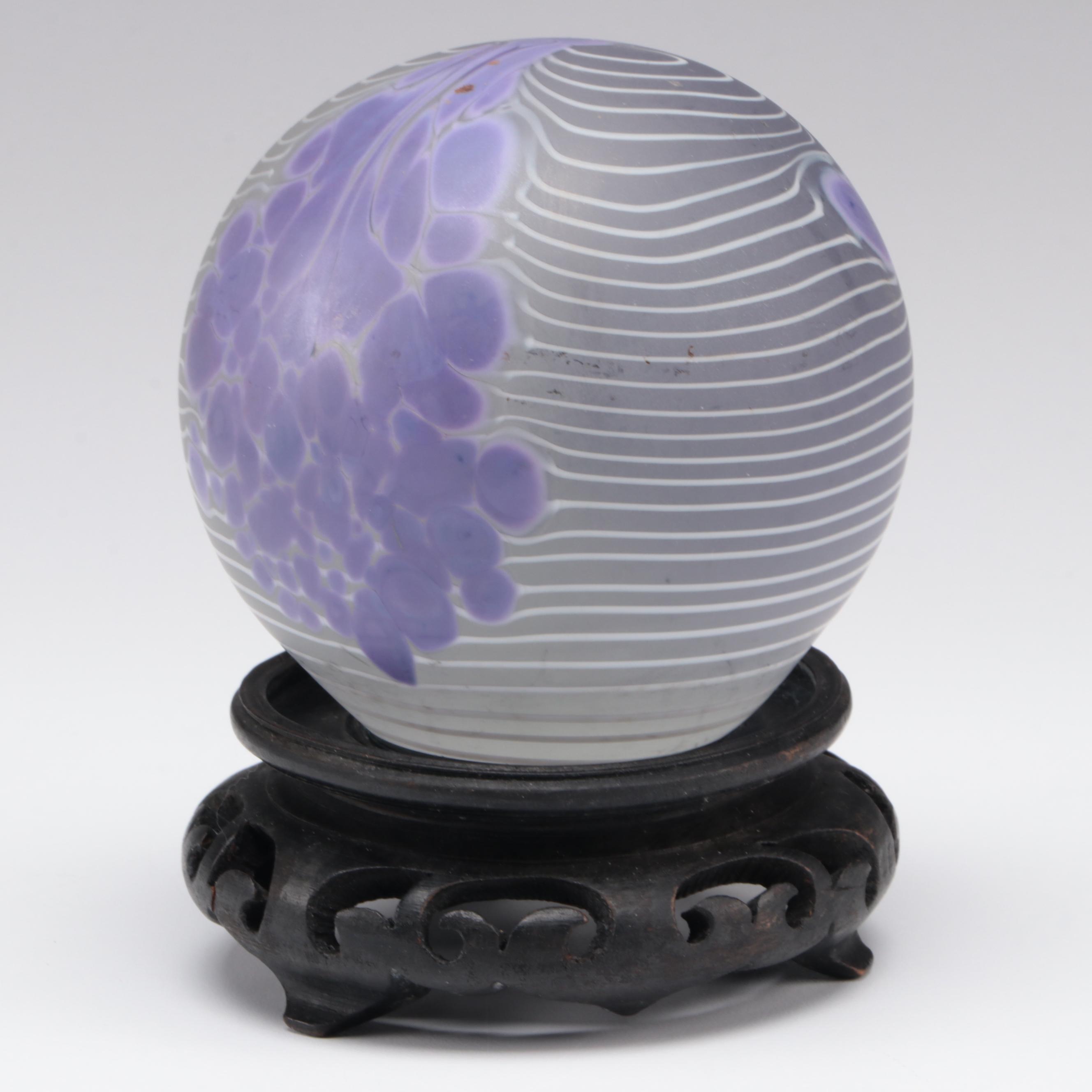 Art Glass Paperweight on Wooden Stand, 1989
