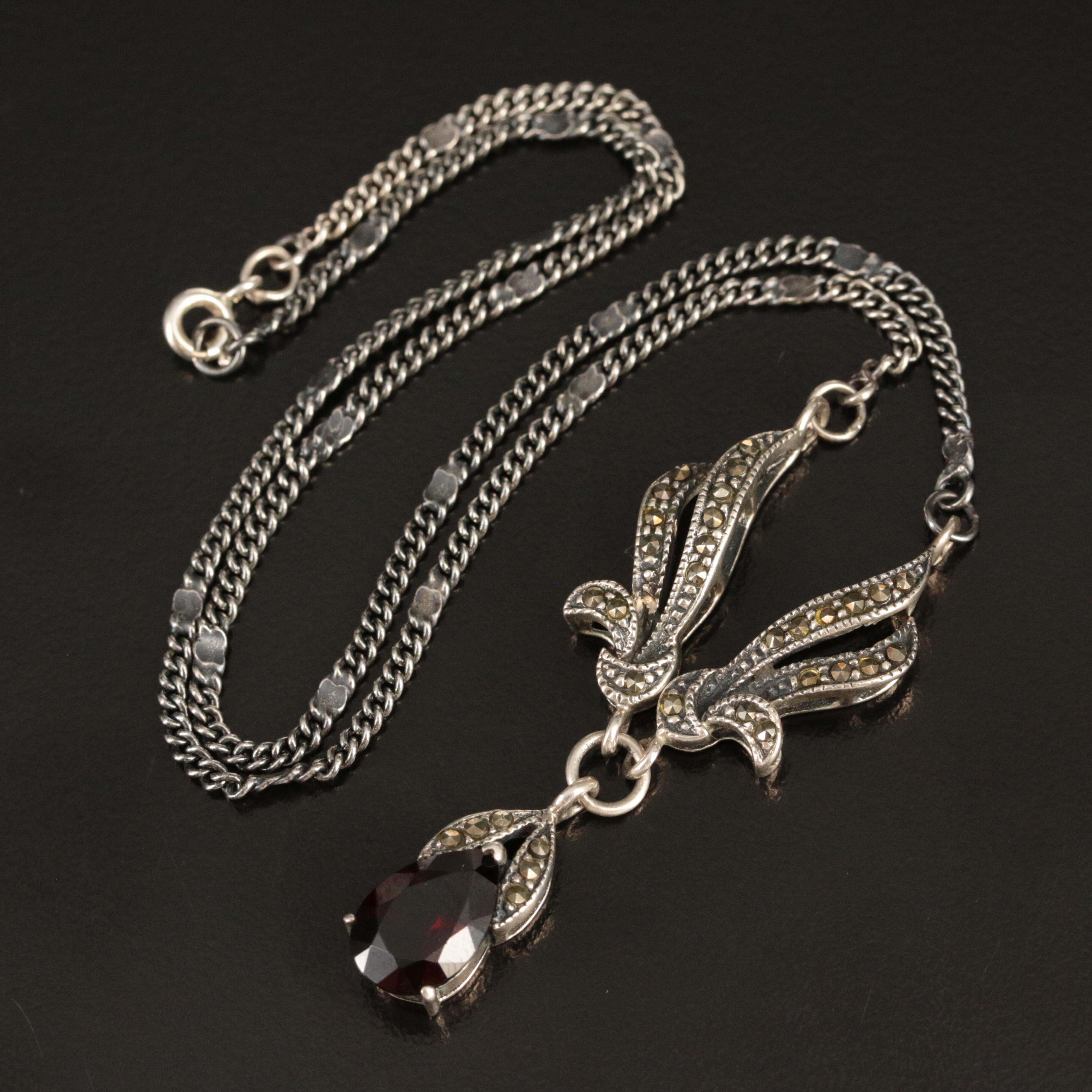 Sterling Garnet and Marcasite Necklace