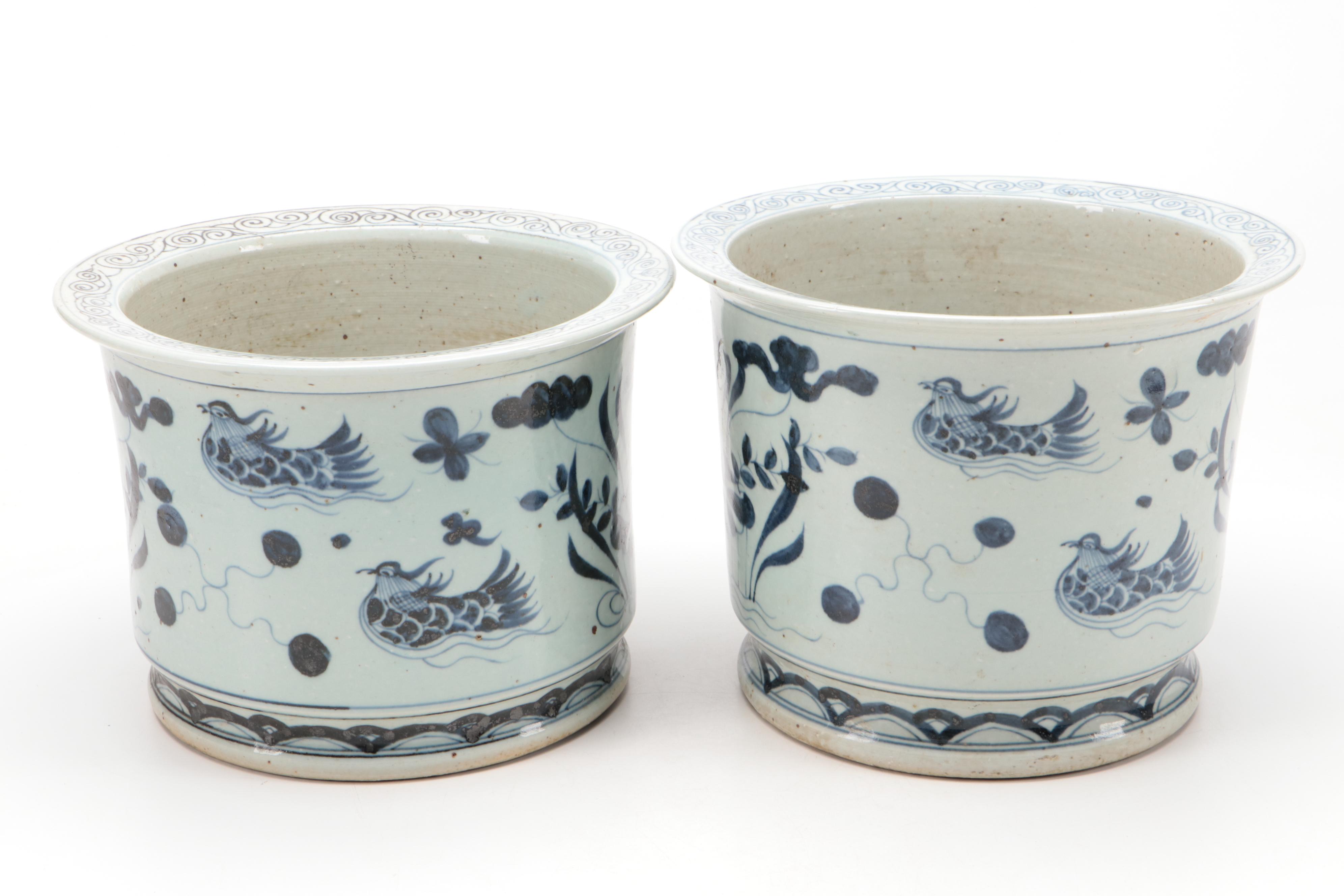 Chinese Blue and White Hand-Painted Porcelain Rimmed Planters