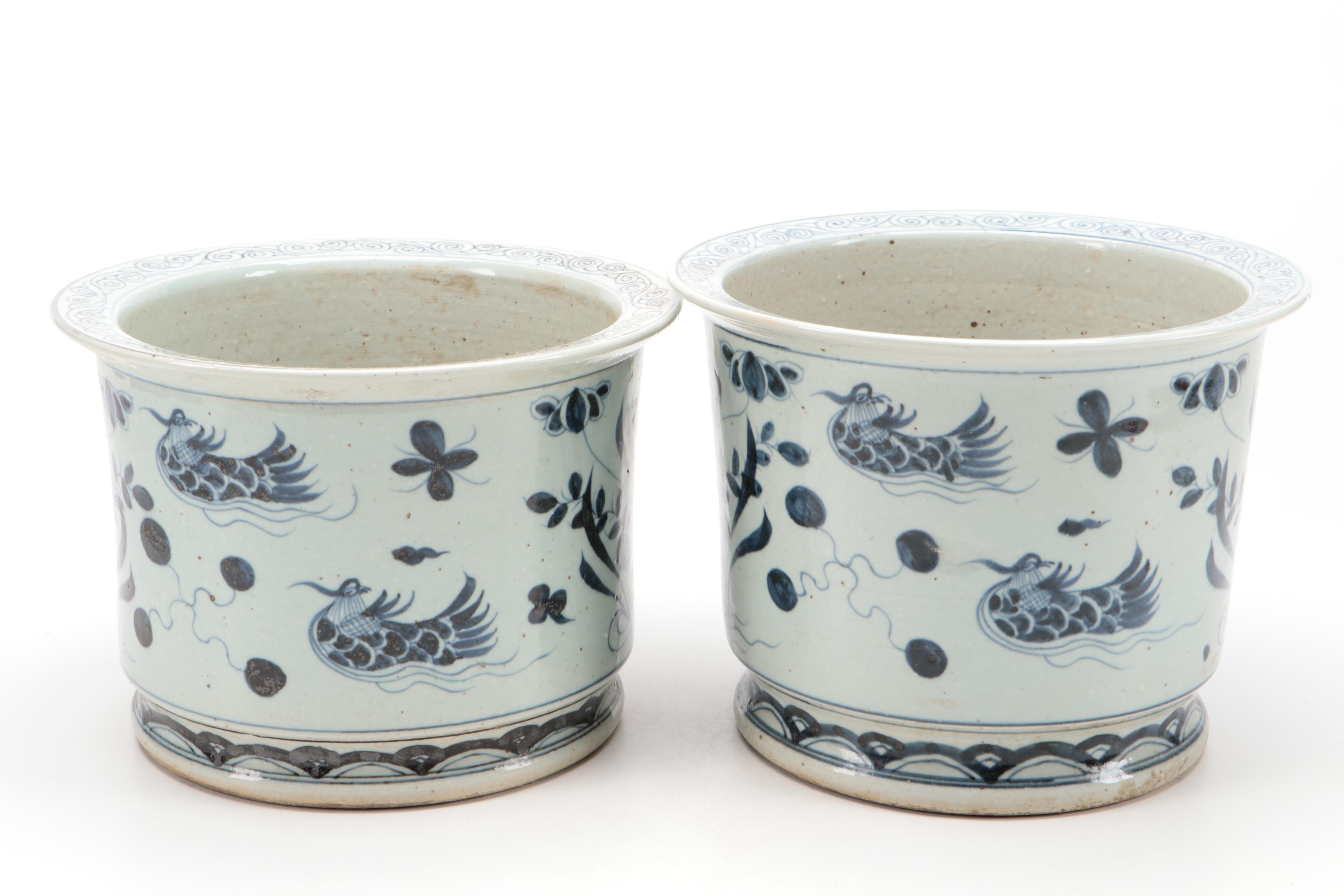 Chinese Blue and White Hand-Painted Porcelain Rimmed Planters