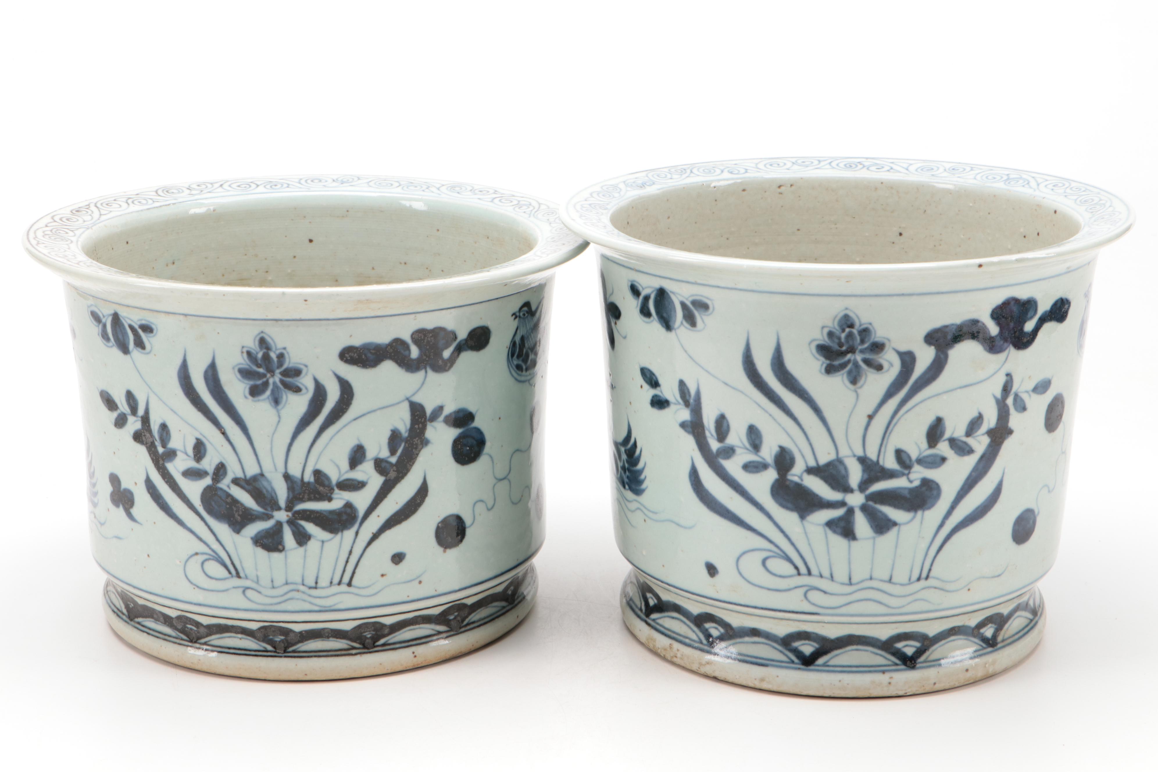 Chinese Blue and White Hand-Painted Porcelain Rimmed Planters