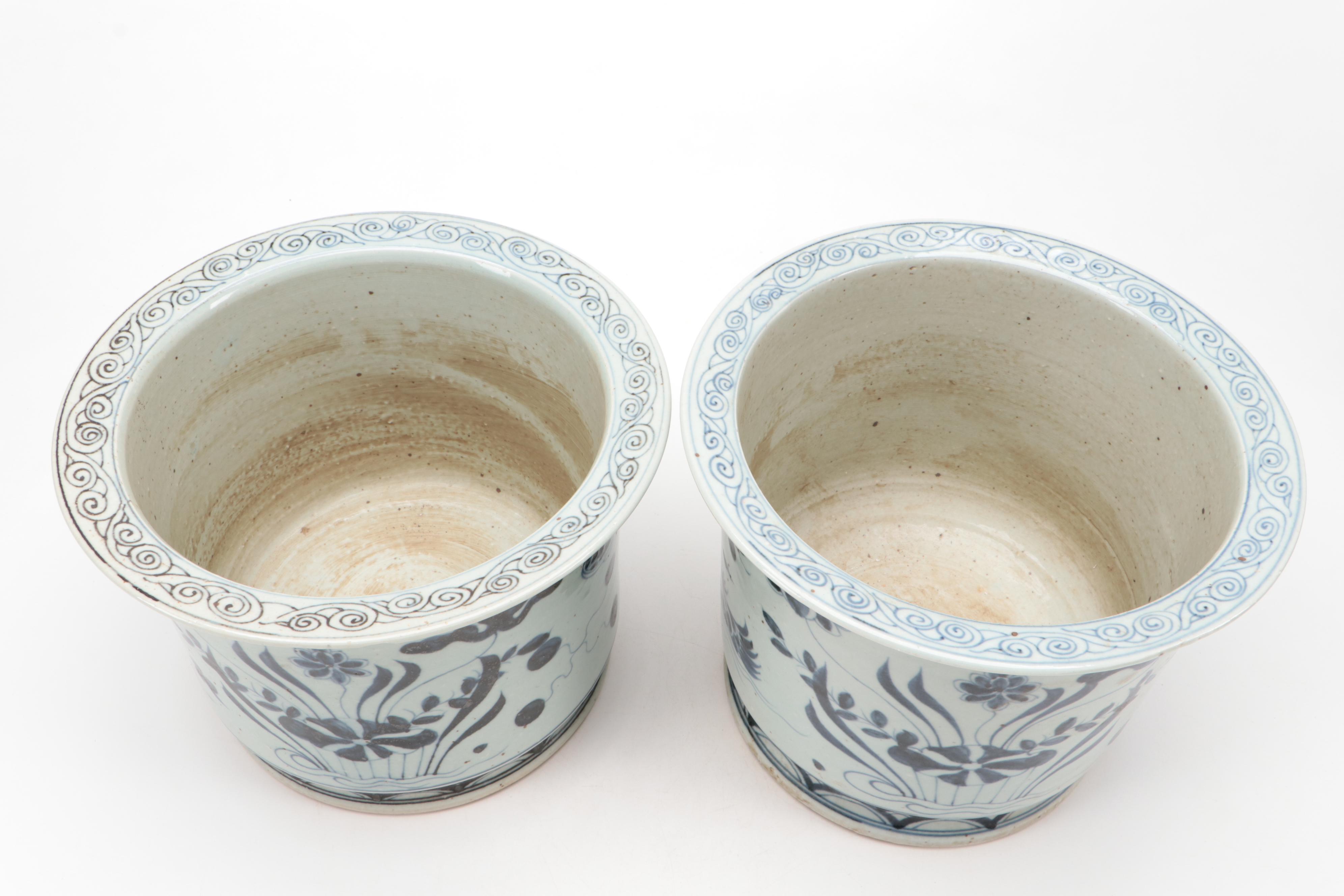 Chinese Blue and White Hand-Painted Porcelain Rimmed Planters